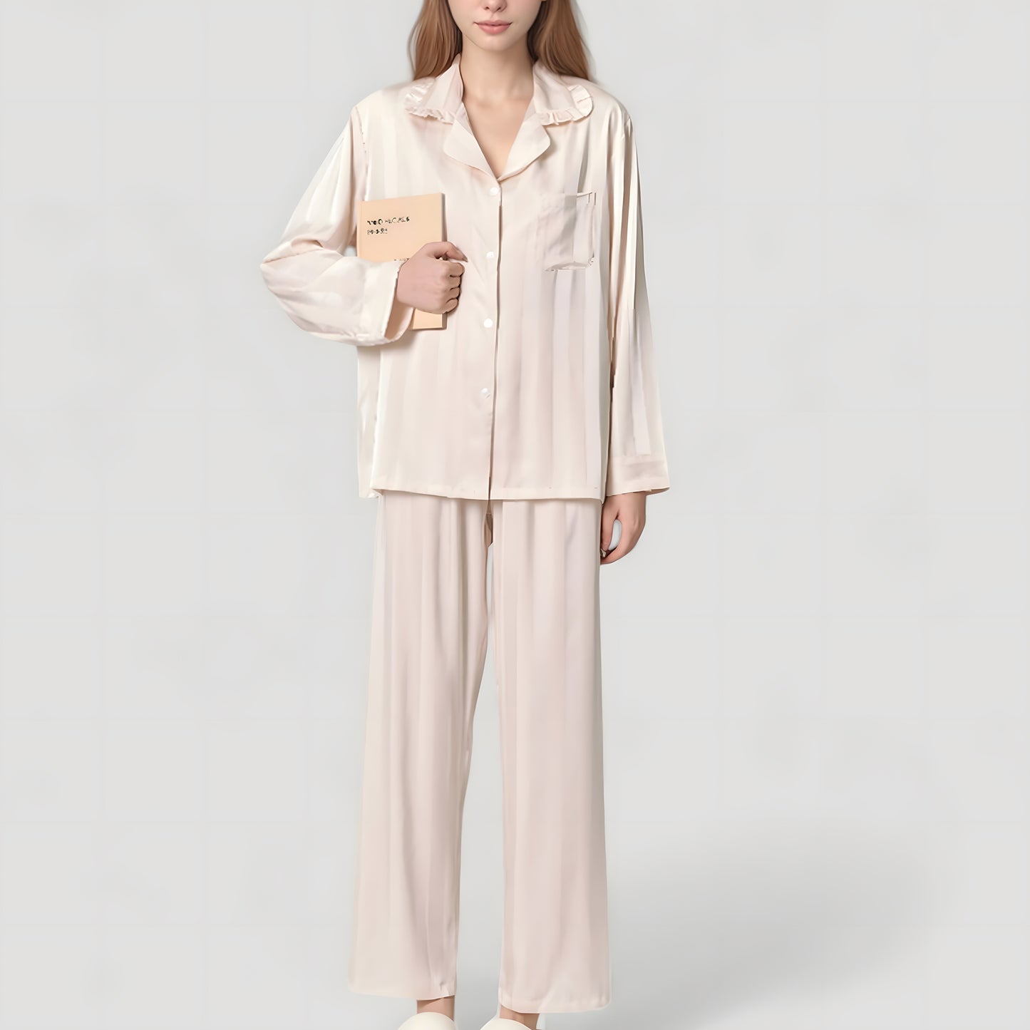 Anna-Kaci Lounge Women's Long Sleeve Button-Down Satin Pajama Top with Ruffle Collar and Wide Leg Pants Sleepwear Set