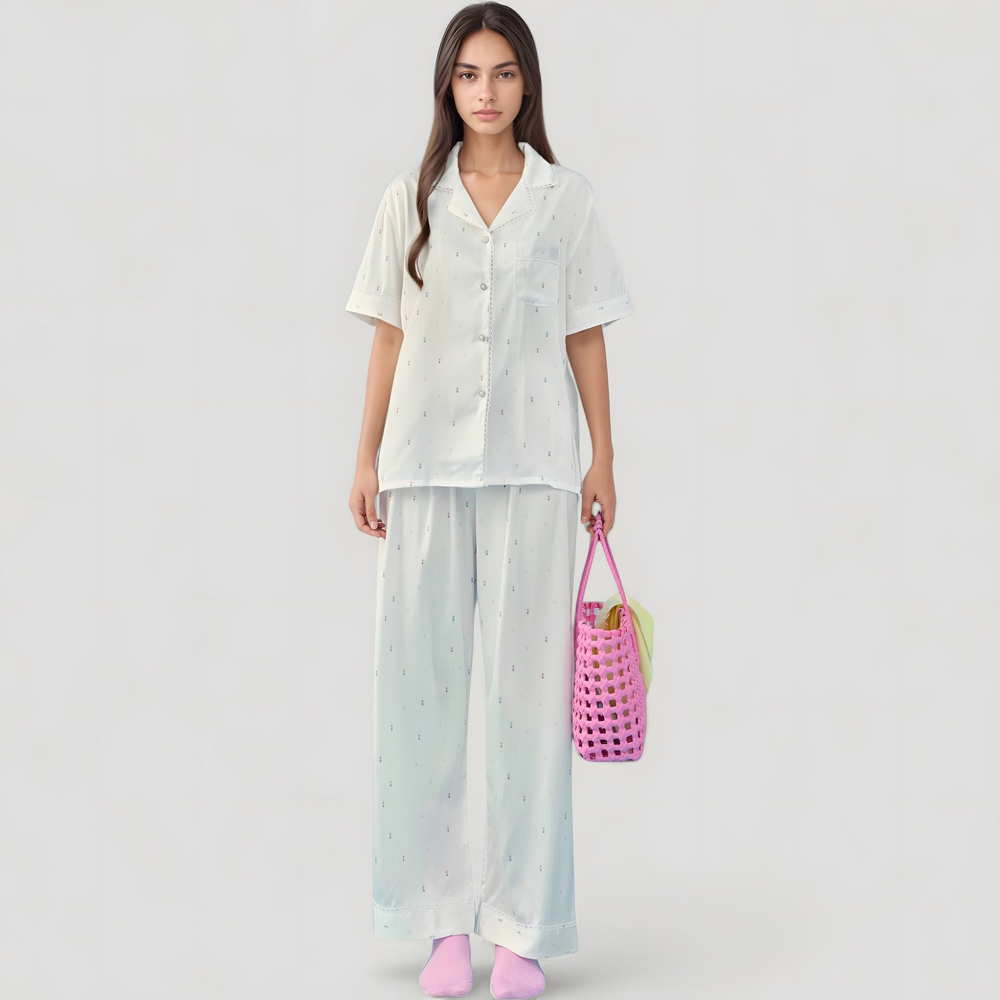 Anna-Kaci Lounge Women's Short Sleeve Button-Down Satin Pajama Set with Allover Mini Dot Print and Wide Leg Pants
