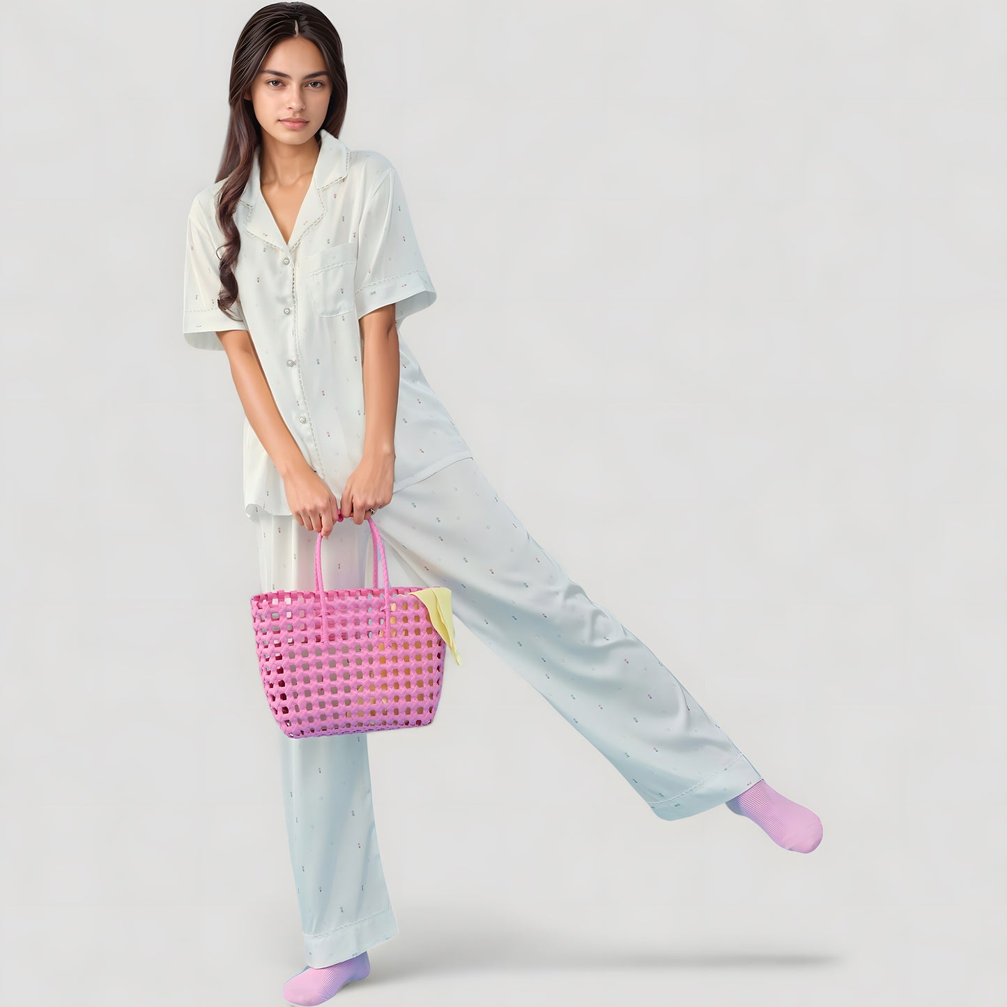 Anna-Kaci Lounge Women's Short Sleeve Button-Down Satin Pajama Set with Allover Mini Dot Print and Wide Leg Pants