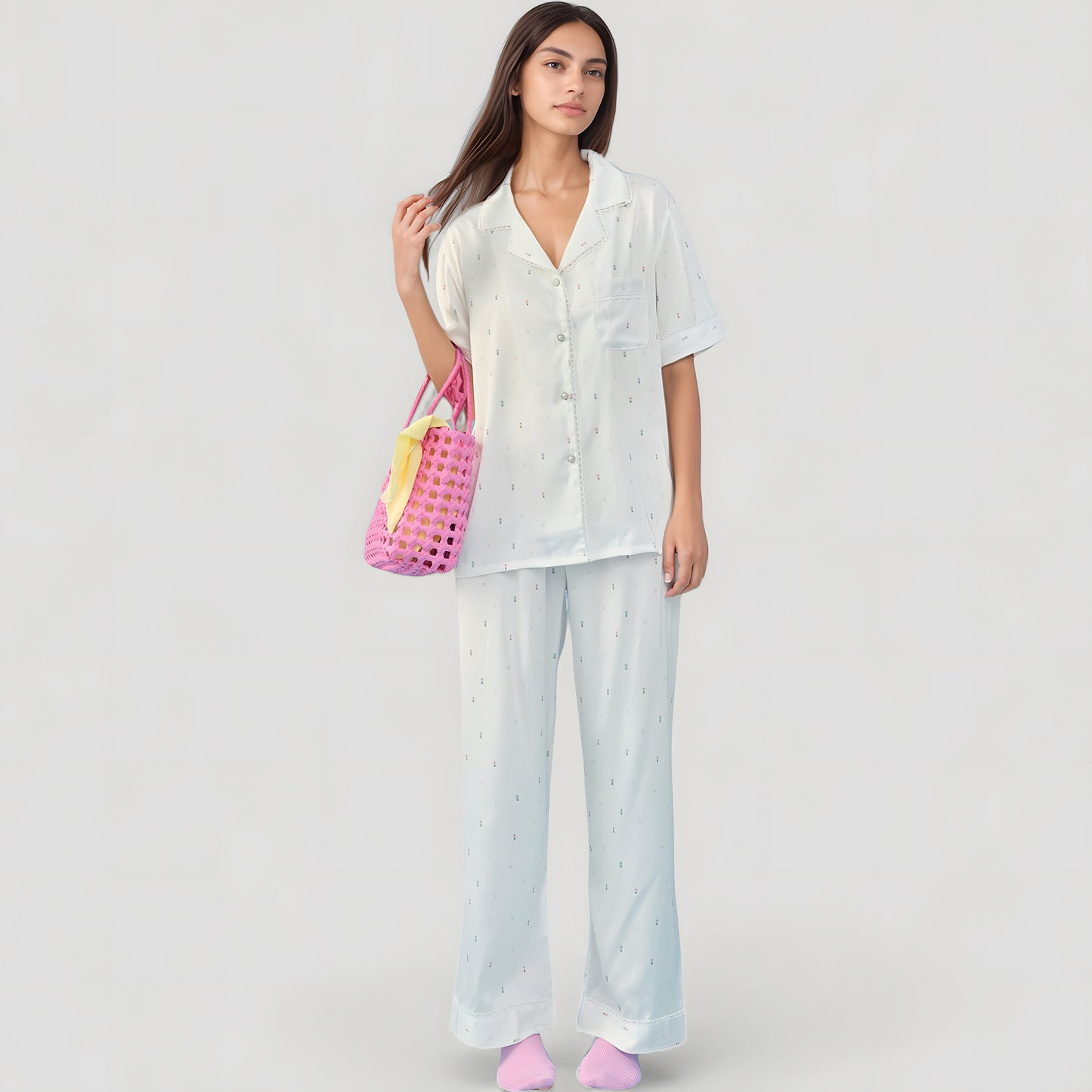 Anna-Kaci Lounge Women's Short Sleeve Button-Down Satin Pajama Set with Allover Mini Dot Print and Wide Leg Pants