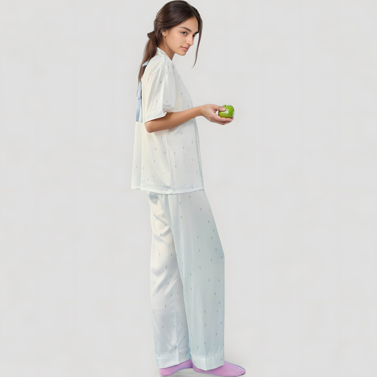 Anna-Kaci Lounge Women's Short Sleeve Button-Down Satin Pajama Set with Allover Mini Dot Print and Wide Leg Pants