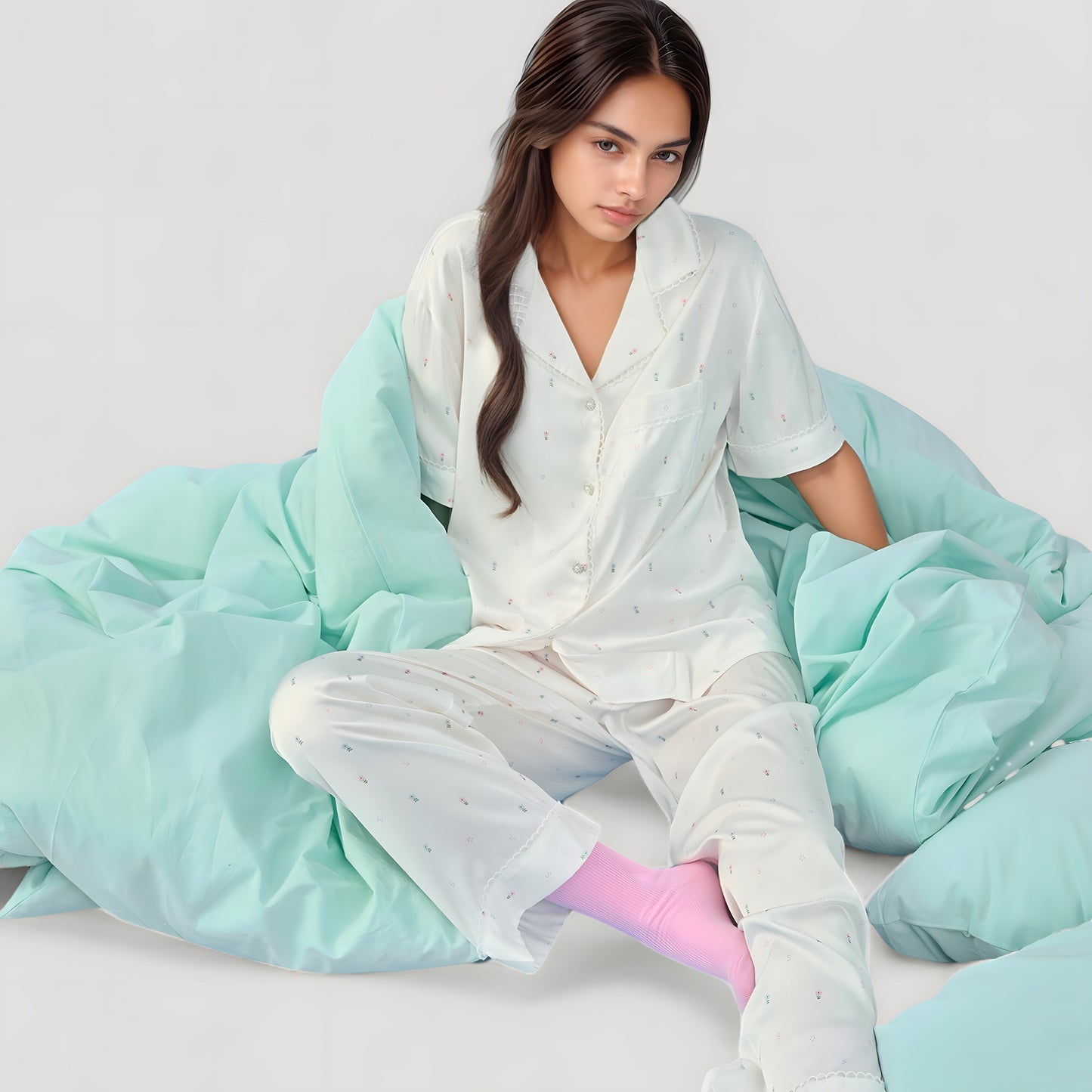 Anna-Kaci Lounge Women's Short Sleeve Button-Down Satin Pajama Set with Allover Mini Dot Print and Wide Leg Pants