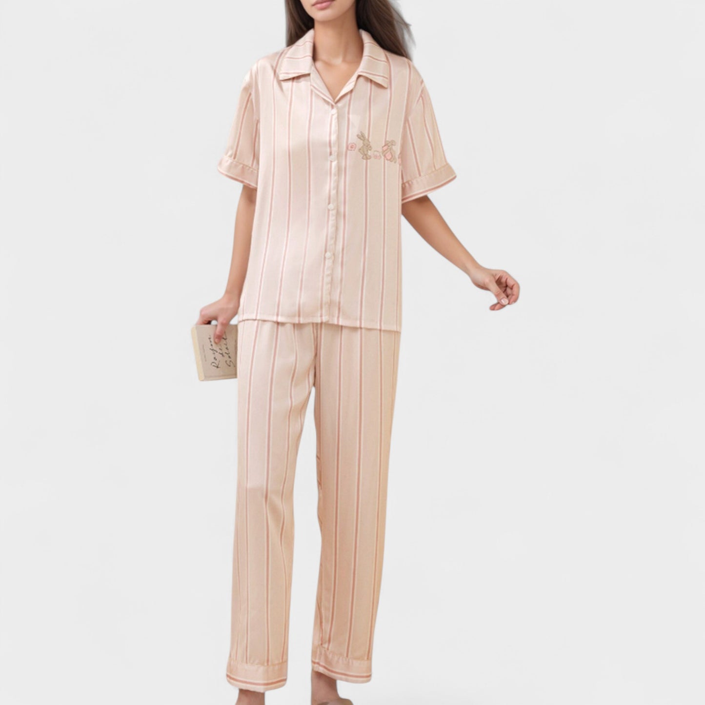 Anna-Kaci Lounge Women's Striped Pajama Set with Embroidered Bunny Detail Short Sleeve Button-Up Top and Full-Length Pants