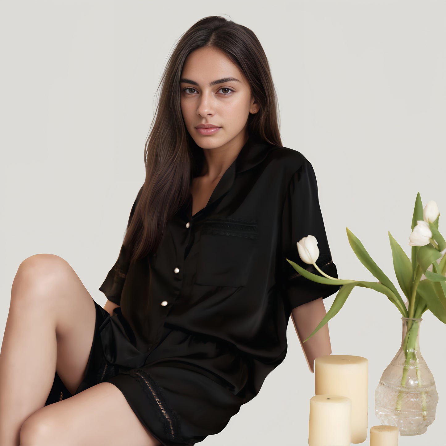 Anna-Kaci Lounge Women's Satin Pajama Set with Lace Trim Short Sleeve Button Top and Elastic Waist Shorts
