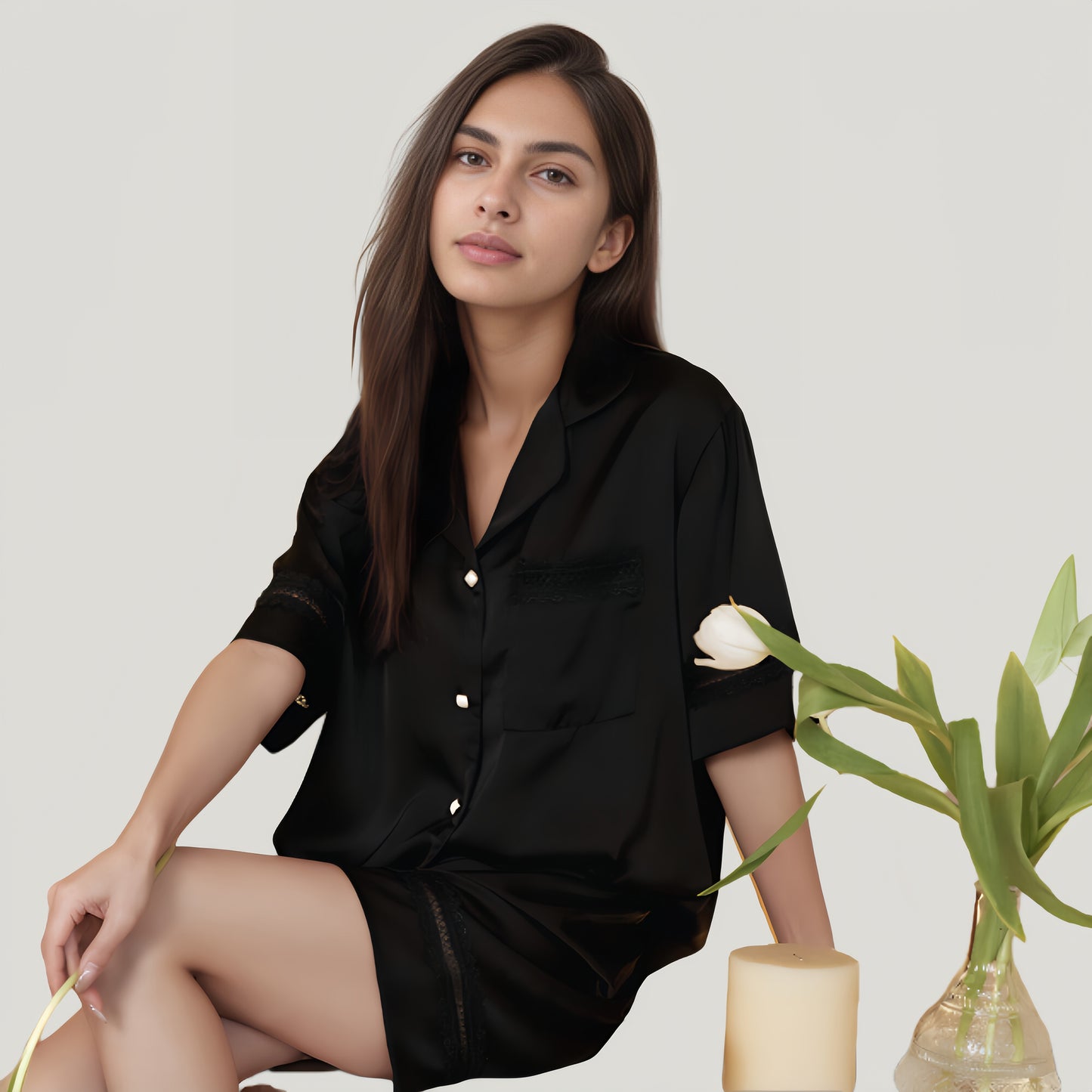 Anna-Kaci Lounge Women's Satin Pajama Set with Lace Trim Short Sleeve Button Top and Elastic Waist Shorts