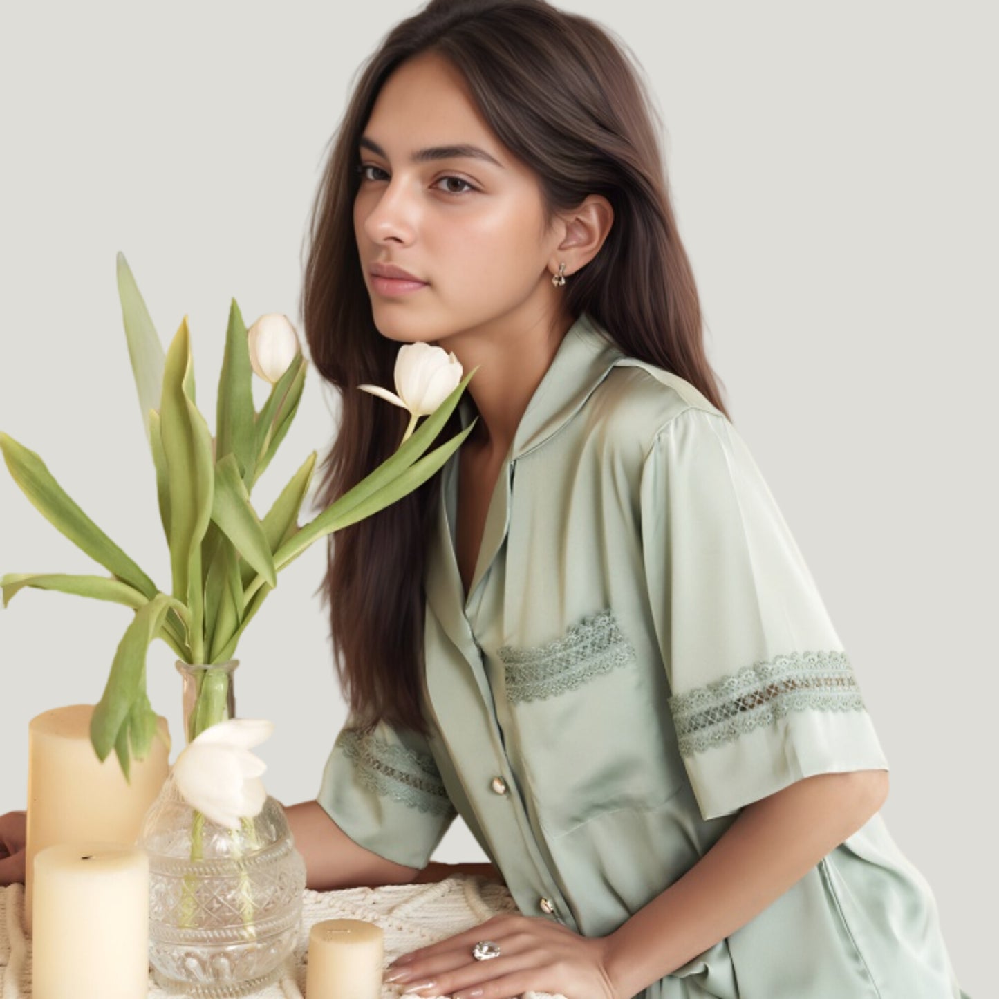 Anna-Kaci Lounge Women's Satin Pajama Set with Lace Trim Short Sleeve Button Top and Elastic Waist Shorts