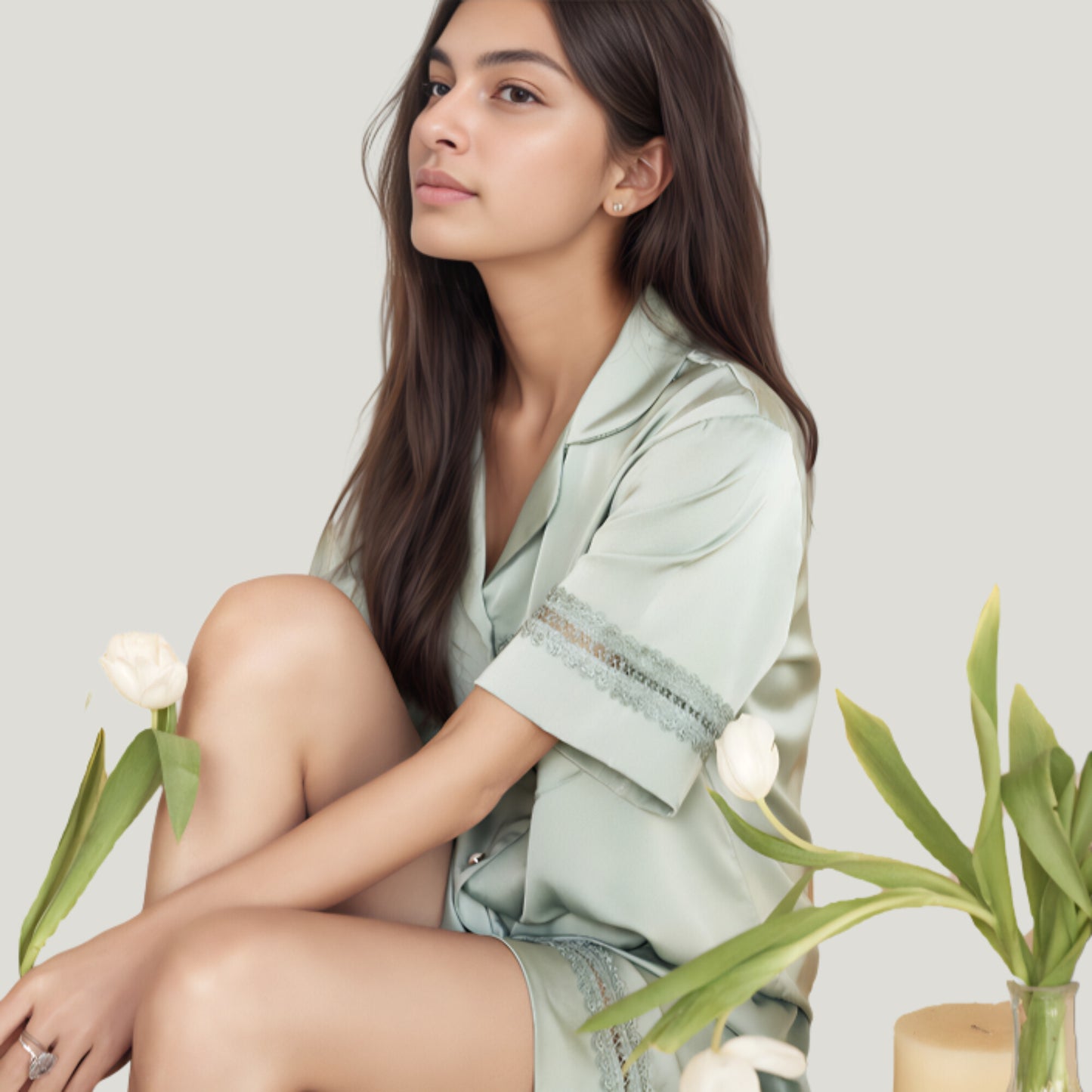 Anna-Kaci Lounge Women's Satin Pajama Set with Lace Trim Short Sleeve Button Top and Elastic Waist Shorts