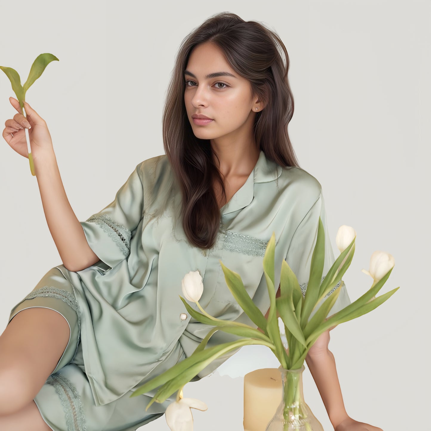 Anna-Kaci Lounge Women's Satin Pajama Set with Lace Trim Short Sleeve Button Top and Elastic Waist Shorts