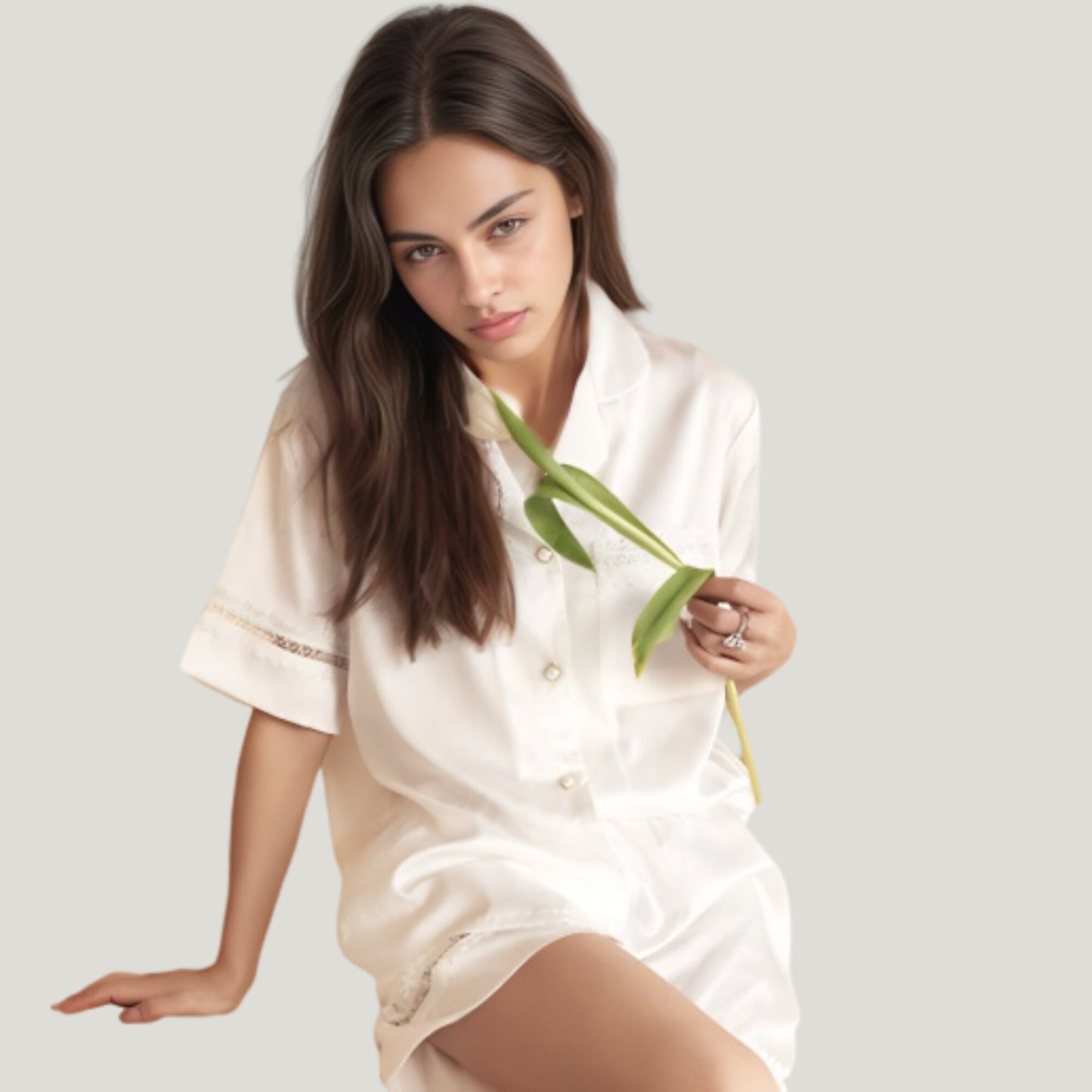 Anna-Kaci Lounge Women's Satin Pajama Set with Lace Trim Short Sleeve Button Top and Elastic Waist Shorts
