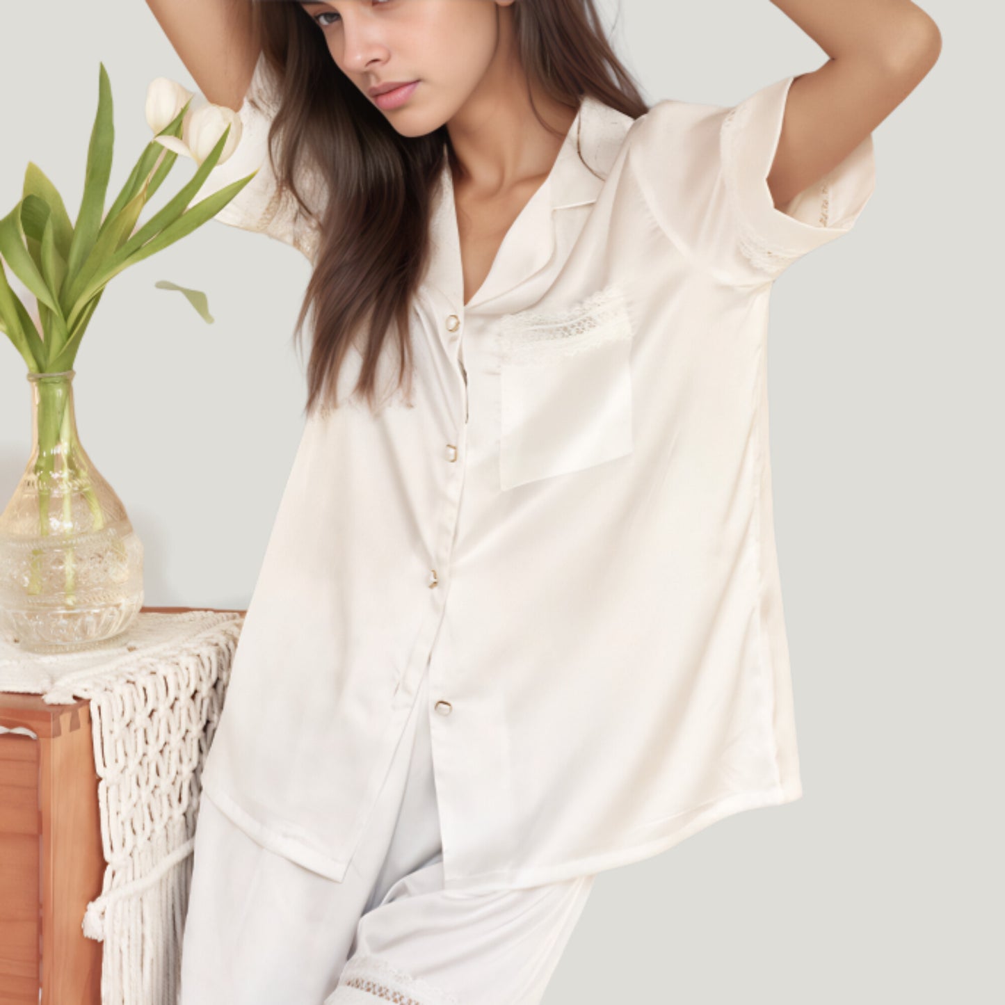 Anna-Kaci Lounge Women's Satin Pajama Set with Lace Trim Short Sleeve Button Top and Elastic Waist Shorts