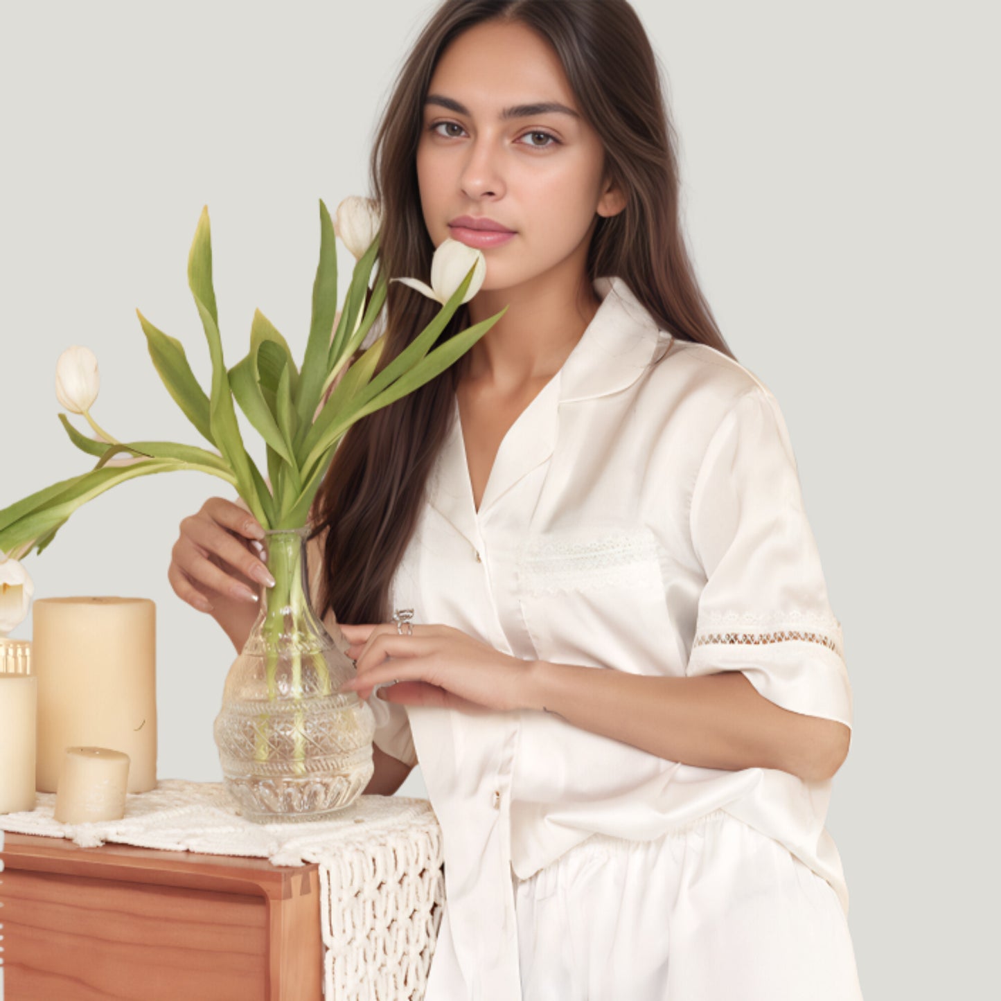 Anna-Kaci Lounge Women's Satin Pajama Set with Lace Trim Short Sleeve Button Top and Elastic Waist Shorts