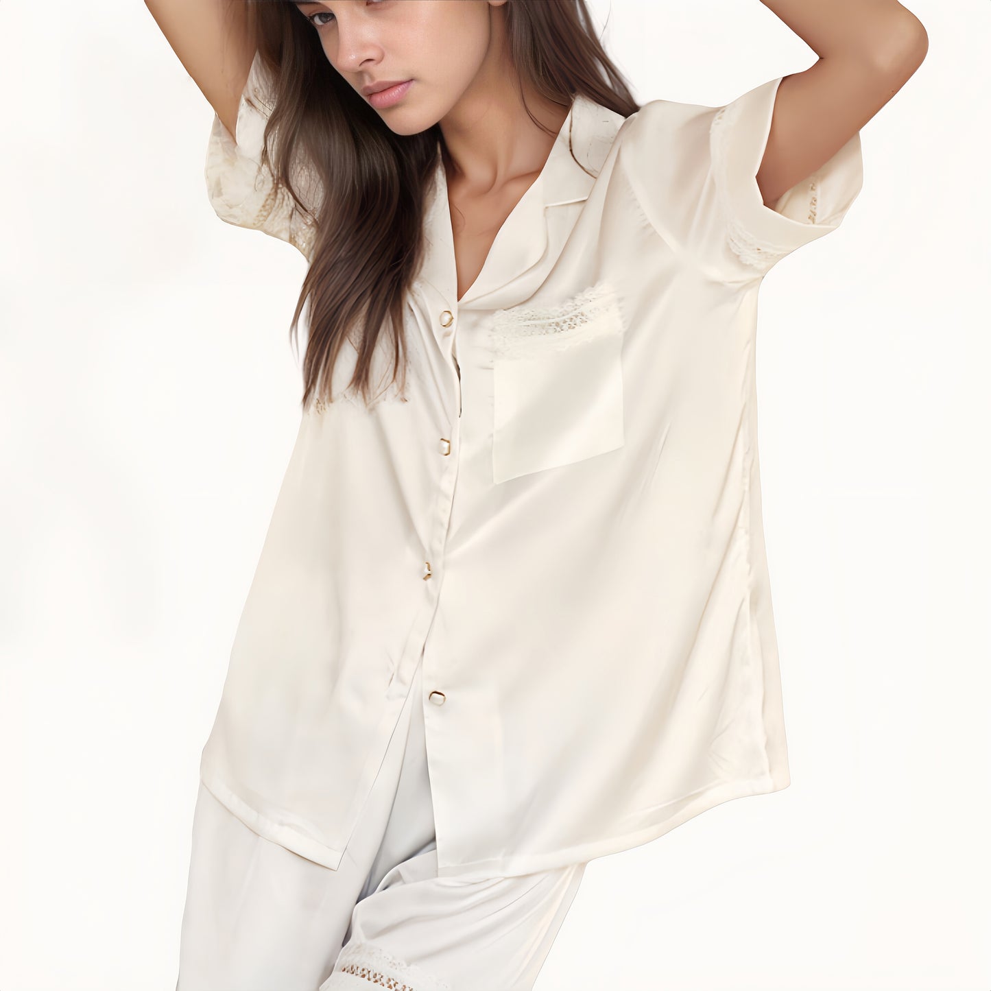 Anna-Kaci Lounge Women's Satin Pajama Set with Lace Trim Short Sleeve Button Top and Elastic Waist Shorts