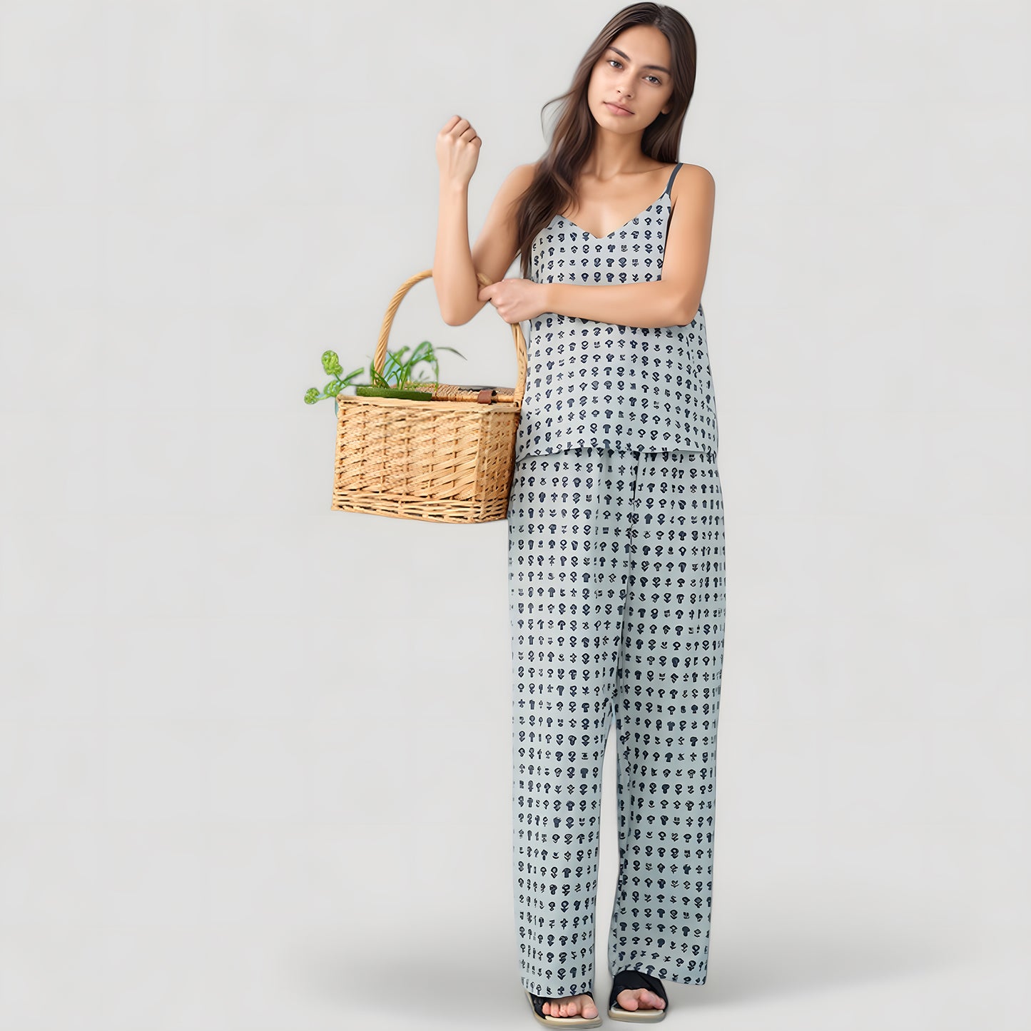 Anna-Kaci Lounge Women's Cami Strap Pajama Set with Allover Floral Print and Relaxed Wide Leg Pants