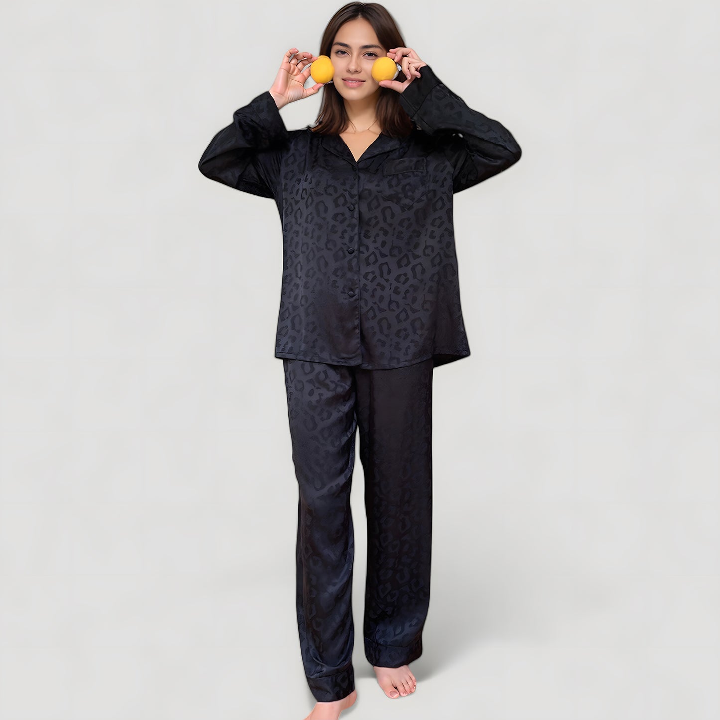 Anna-Kaci Lounge Women's Long Sleeve Button Up Pajama Set with Satin Leopard Texture and Relaxed Fit Pants