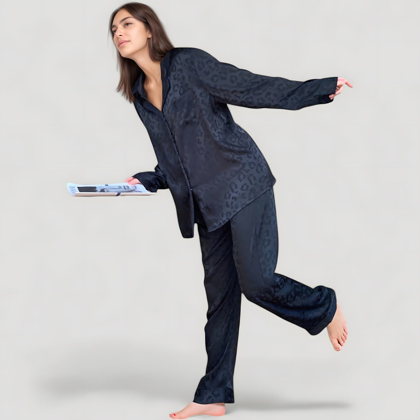 Anna-Kaci Lounge Women's Long Sleeve Button Up Pajama Set with Satin Leopard Texture and Relaxed Fit Pants