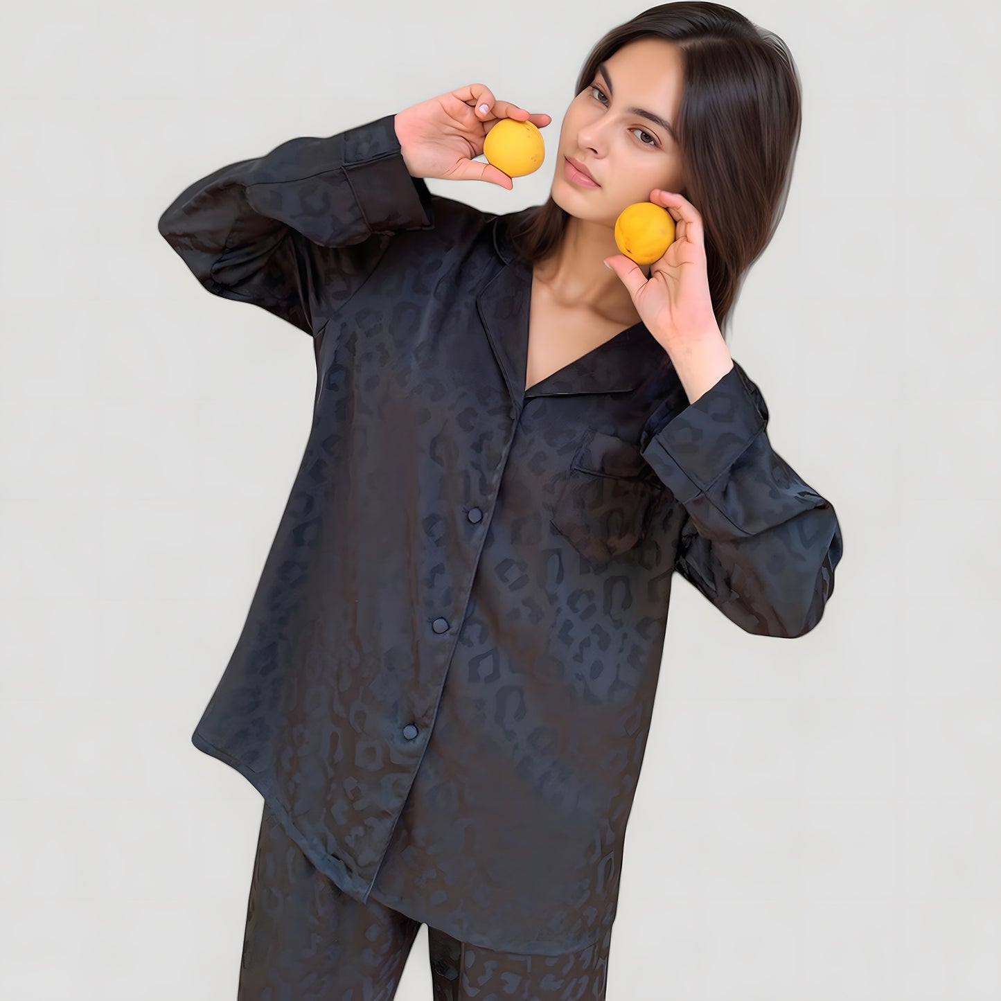 Anna-Kaci Lounge Women's Long Sleeve Button Up Pajama Set with Satin Leopard Texture and Relaxed Fit Pants