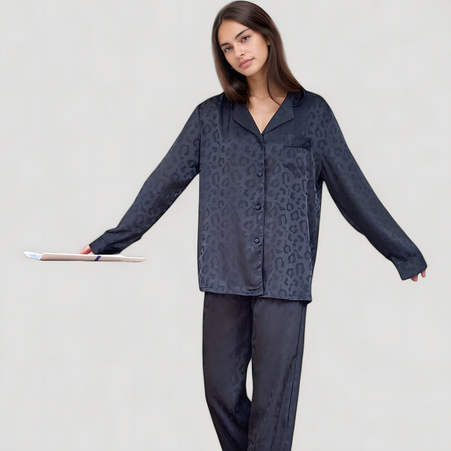Anna-Kaci Lounge Women's Long Sleeve Button Up Pajama Set with Satin Leopard Texture and Relaxed Fit Pants