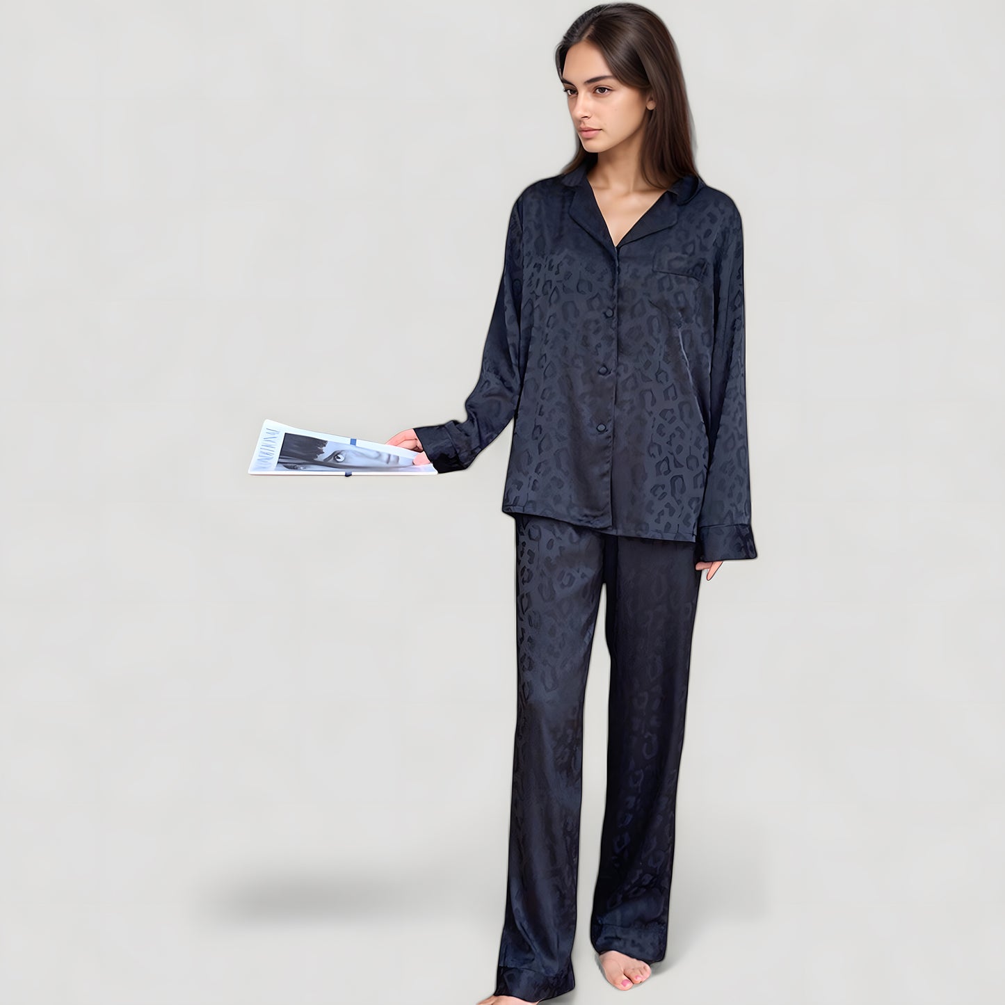 Anna-Kaci Lounge Women's Long Sleeve Button Up Pajama Set with Satin Leopard Texture and Relaxed Fit Pants