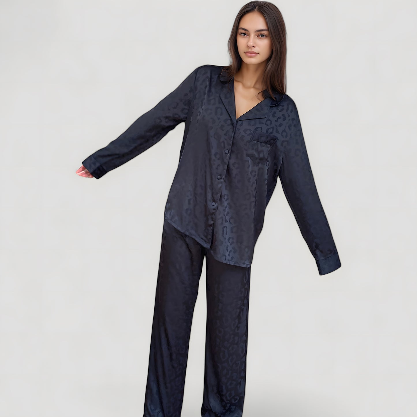 Anna-Kaci Lounge Women's Long Sleeve Button Up Pajama Set with Satin Leopard Texture and Relaxed Fit Pants