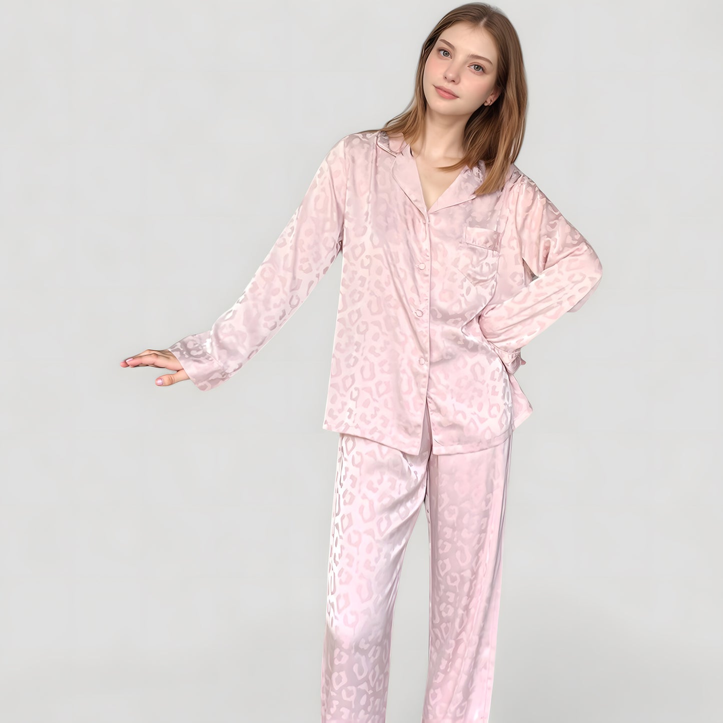 Anna-Kaci Lounge Women's Long Sleeve Button Up Pajama Set with Satin Leopard Texture and Relaxed Fit Pants