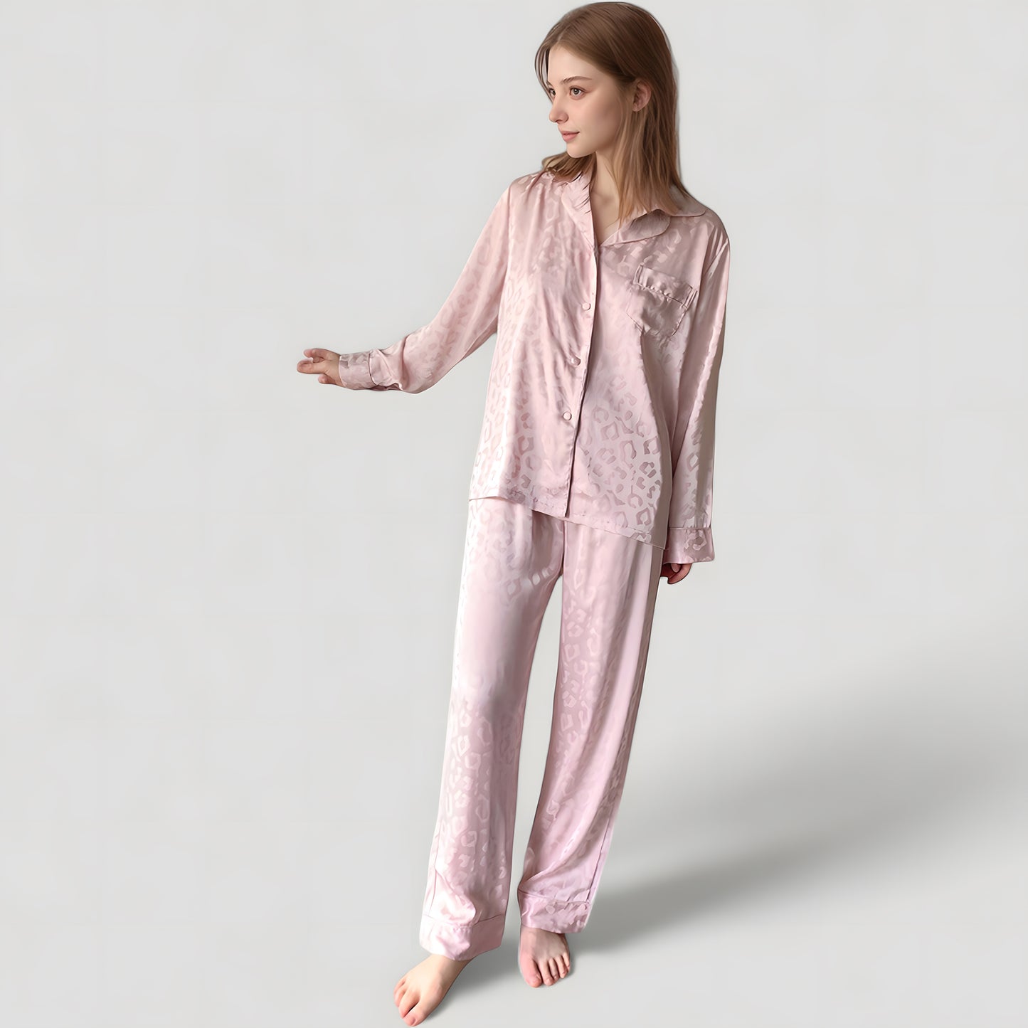 Anna-Kaci Lounge Women's Long Sleeve Button Up Pajama Set with Satin Leopard Texture and Relaxed Fit Pants