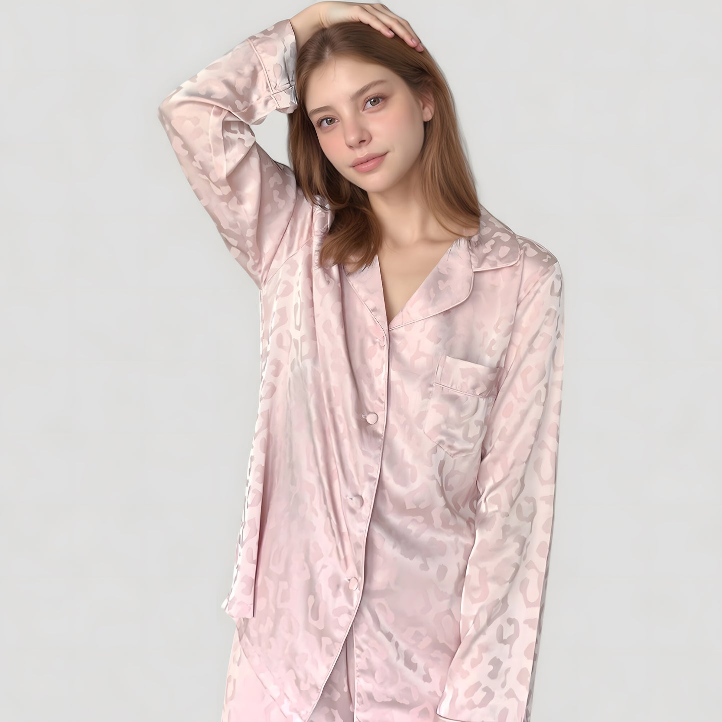 Anna-Kaci Lounge Women's Long Sleeve Button Up Pajama Set with Satin Leopard Texture and Relaxed Fit Pants