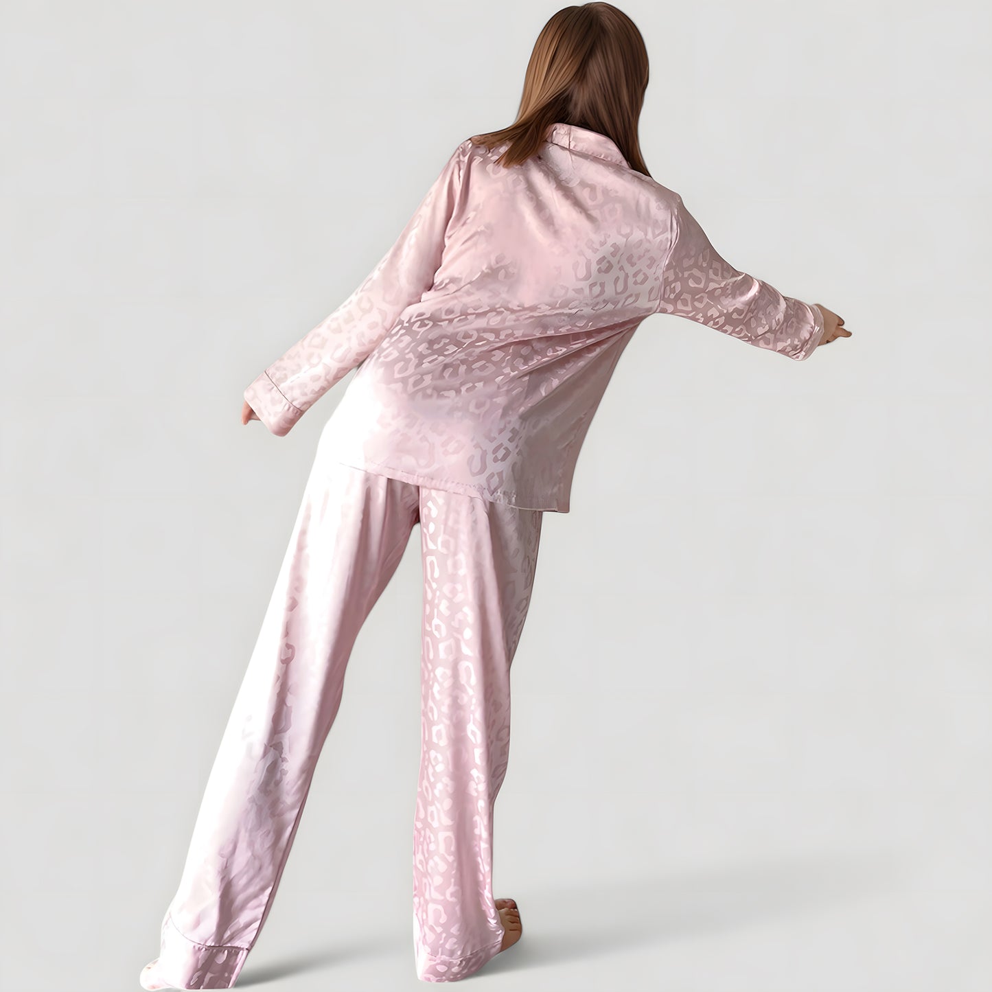 Anna-Kaci Lounge Women's Long Sleeve Button Up Pajama Set with Satin Leopard Texture and Relaxed Fit Pants