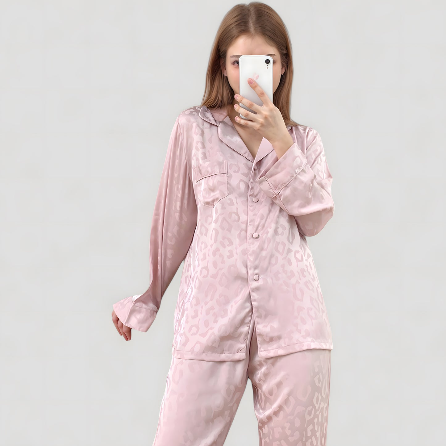 Anna-Kaci Lounge Women's Long Sleeve Button Up Pajama Set with Satin Leopard Texture and Relaxed Fit Pants