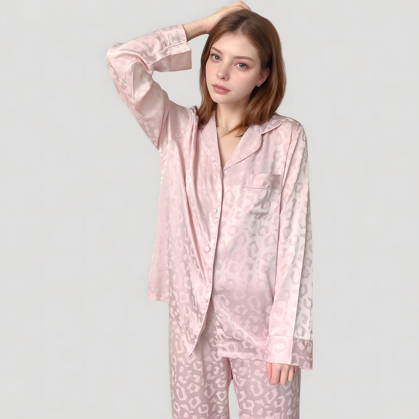 Anna-Kaci Lounge Women's Long Sleeve Button Up Pajama Set with Satin Leopard Texture and Relaxed Fit Pants