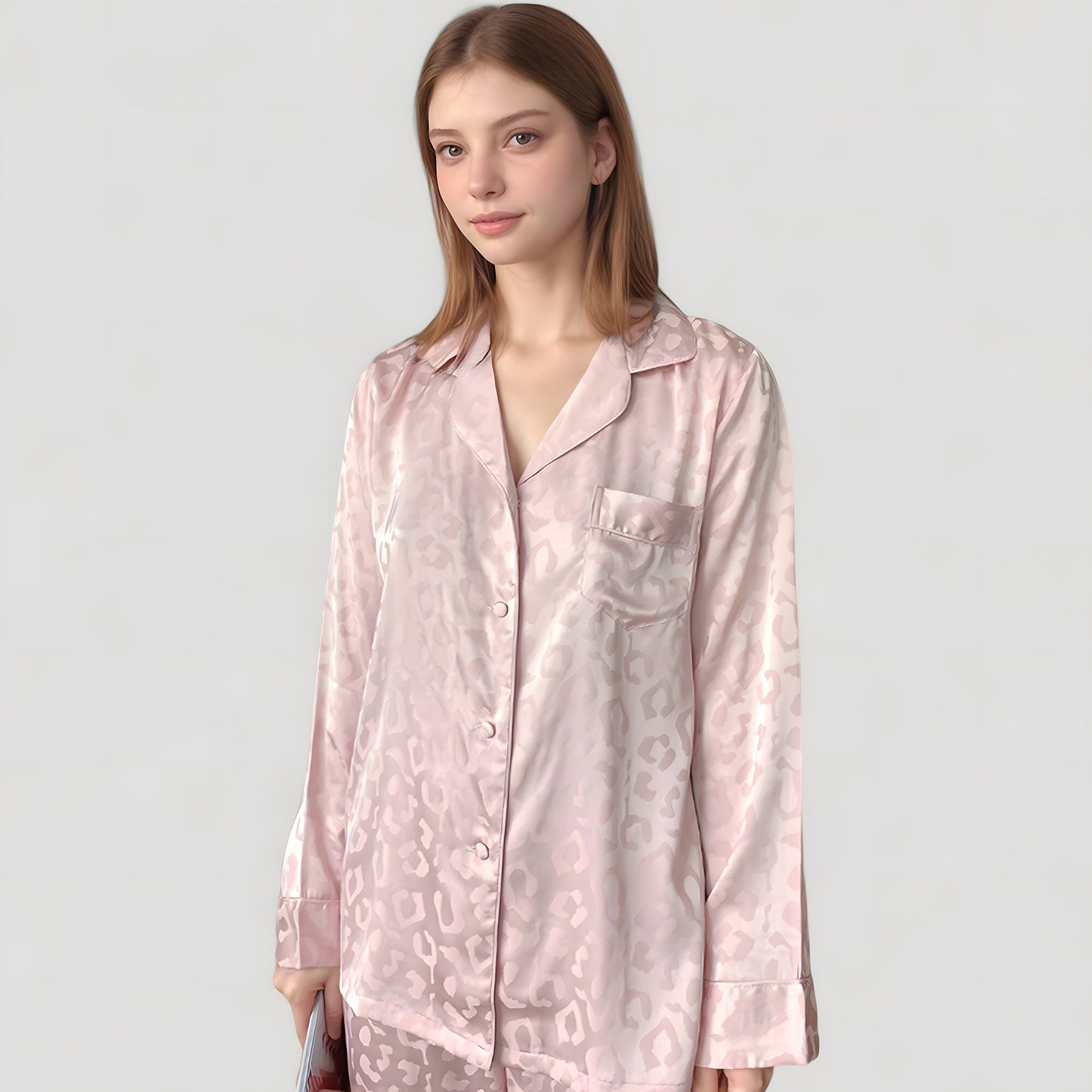 Anna-Kaci Lounge Women's Long Sleeve Button Up Pajama Set with Satin Leopard Texture and Relaxed Fit Pants
