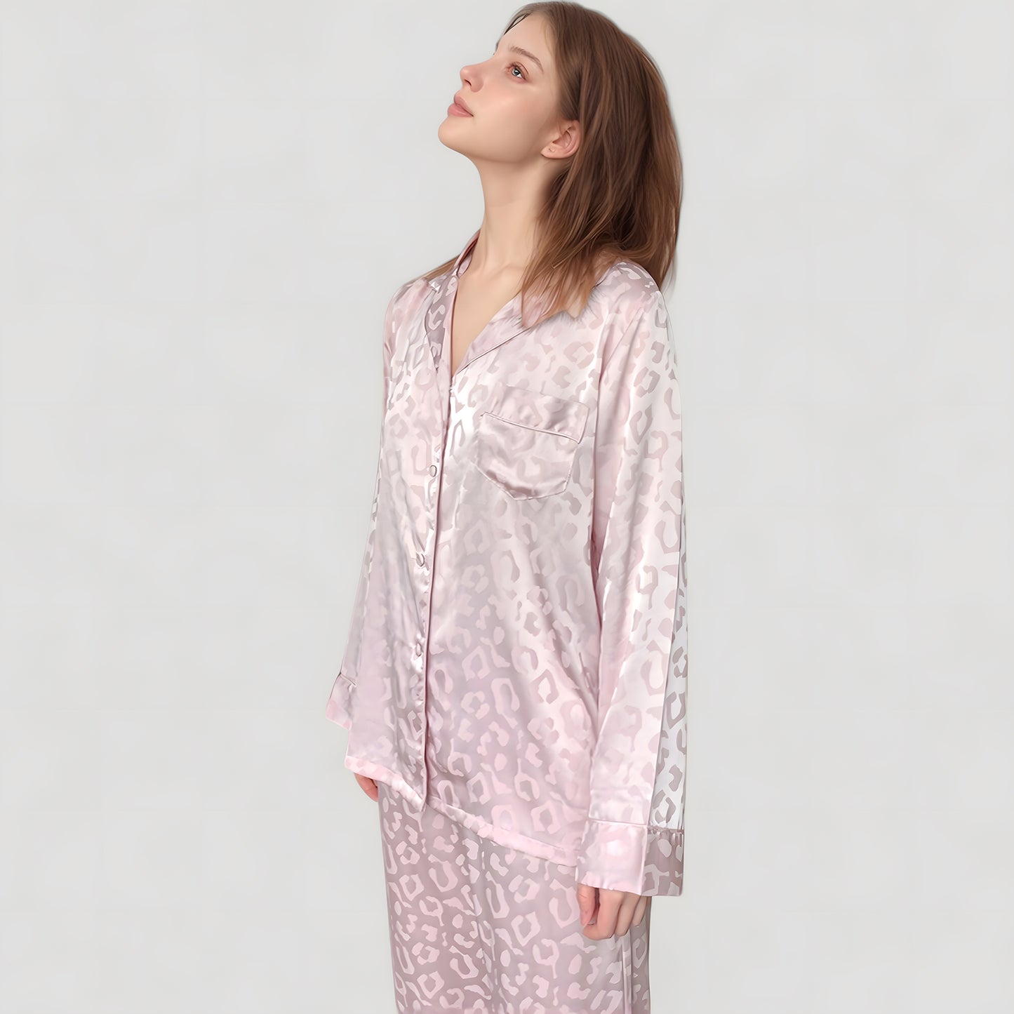 Anna-Kaci Lounge Women's Long Sleeve Button Up Pajama Set with Satin Leopard Texture and Relaxed Fit Pants