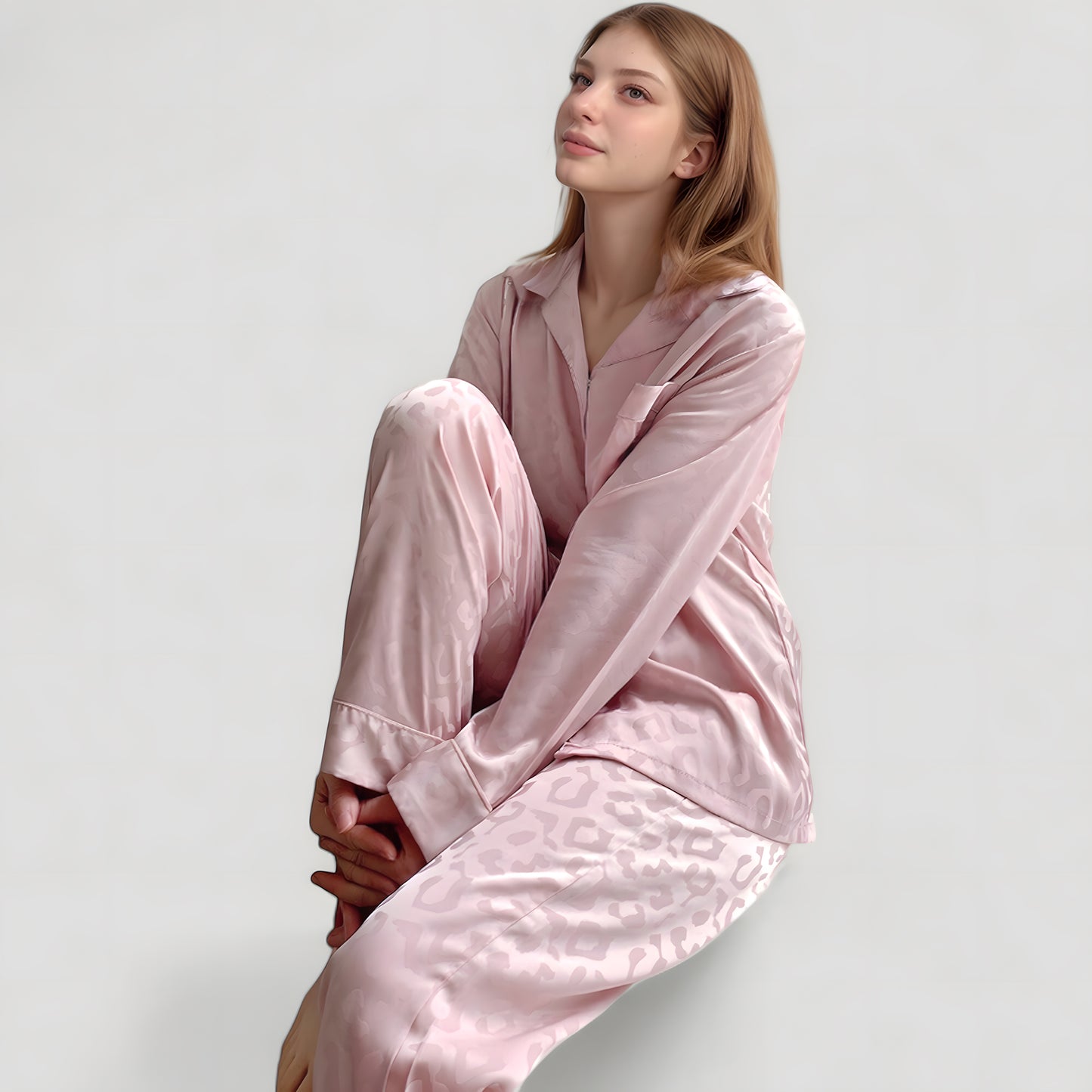 Anna-Kaci Lounge Women's Long Sleeve Button Up Pajama Set with Satin Leopard Texture and Relaxed Fit Pants