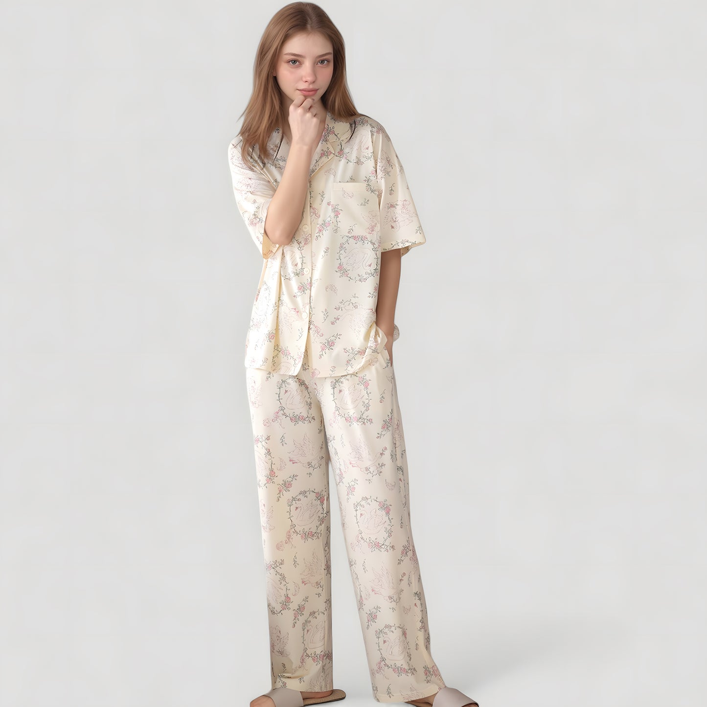 Anna-Kaci Lounge Women's Short Sleeve Watercolor Print Satin Pajama Set with Button Up Top and Wide Leg Pants