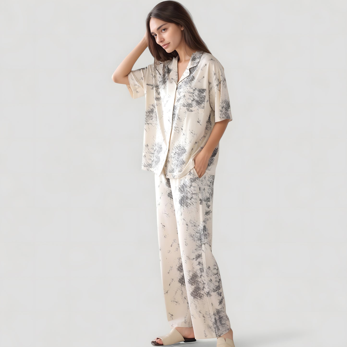 Anna-Kaci Lounge Women's Short Sleeve Watercolor Print Satin Pajama Set with Button Up Top and Wide Leg Pants