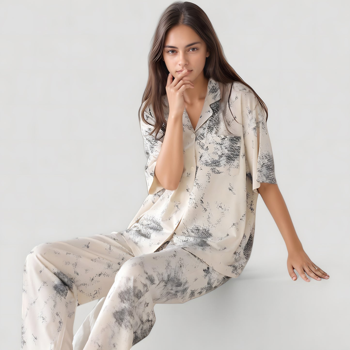 Anna-Kaci Lounge Women's Short Sleeve Watercolor Print Satin Pajama Set with Button Up Top and Wide Leg Pants
