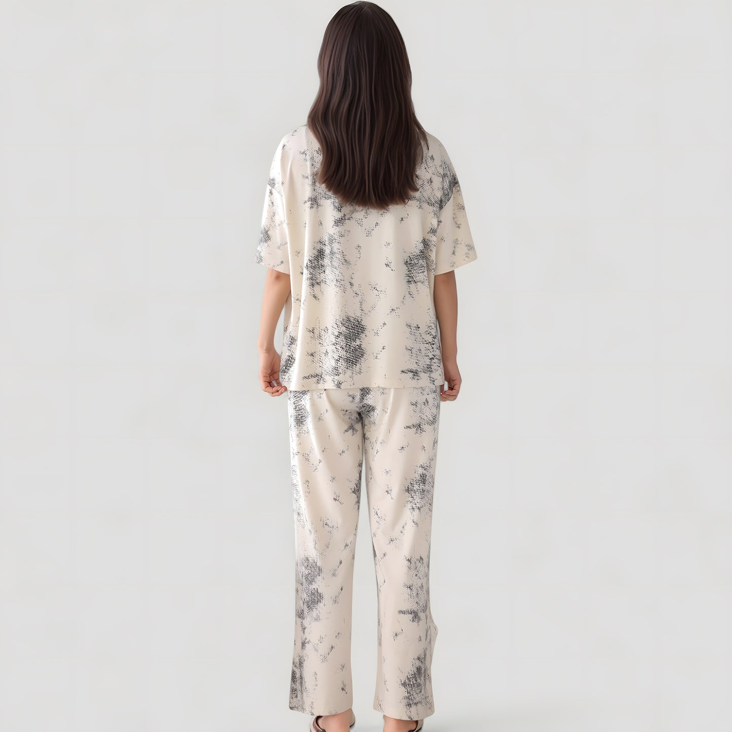 Anna-Kaci Lounge Women's Short Sleeve Watercolor Print Satin Pajama Set with Button Up Top and Wide Leg Pants