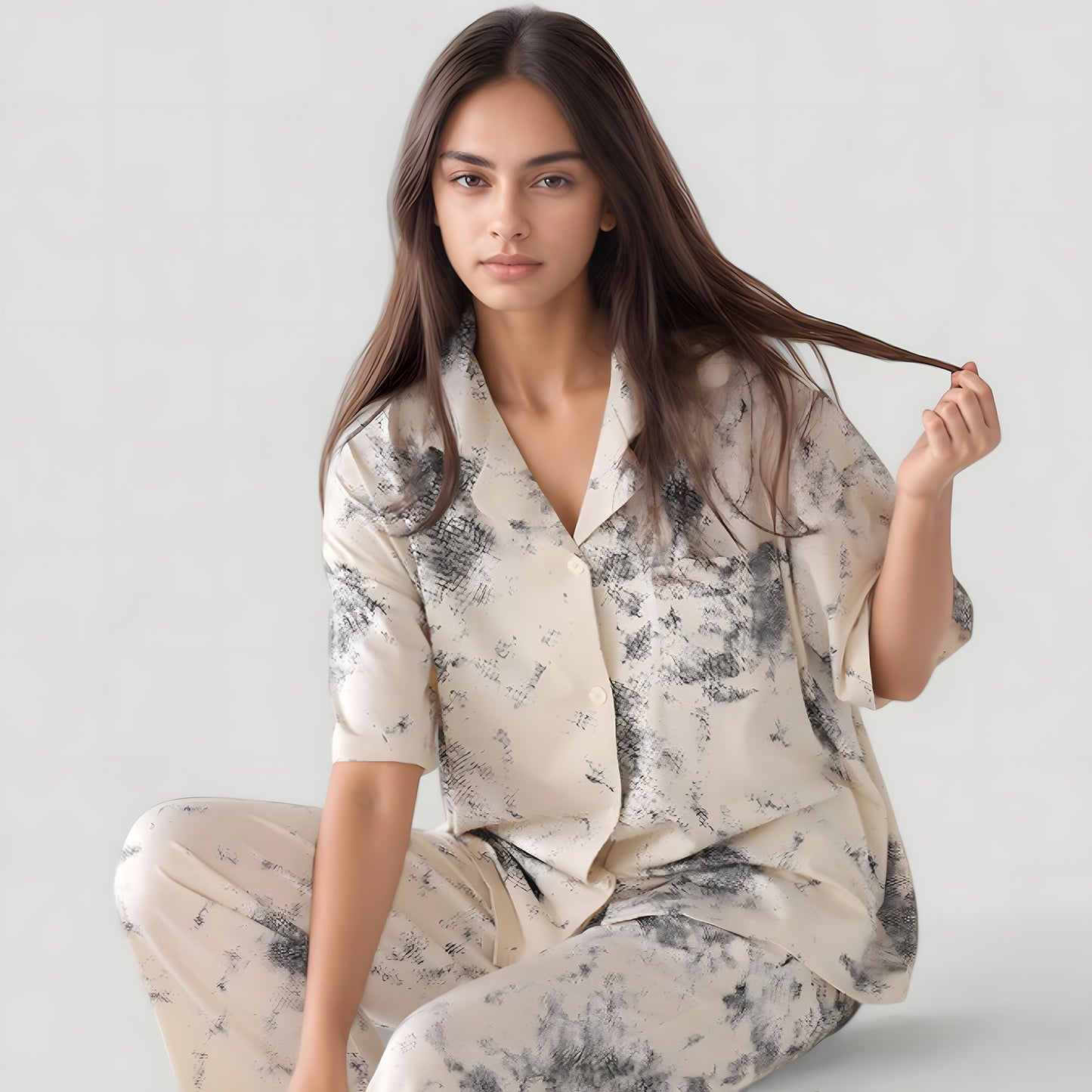 Anna-Kaci Lounge Women's Short Sleeve Watercolor Print Satin Pajama Set with Button Up Top and Wide Leg Pants
