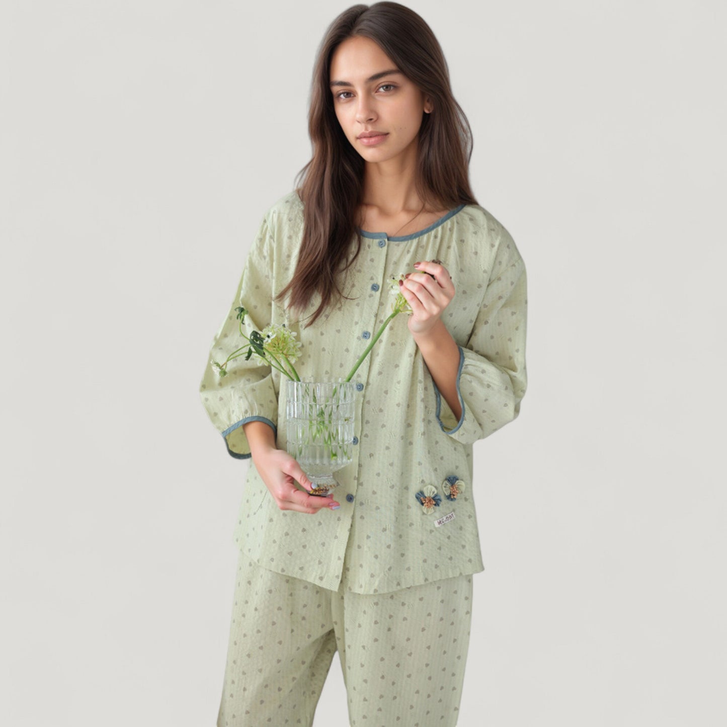 Anna-Kaci Lounge Women's Floral Print Pajama Set with Round Neck Button Front Top and Relaxed Fit Full-Length Lounge Pants