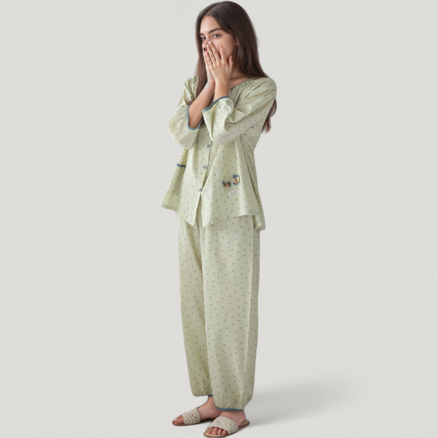 Anna-Kaci Lounge Women's Floral Print Pajama Set with Round Neck Button Front Top and Relaxed Fit Full-Length Lounge Pants