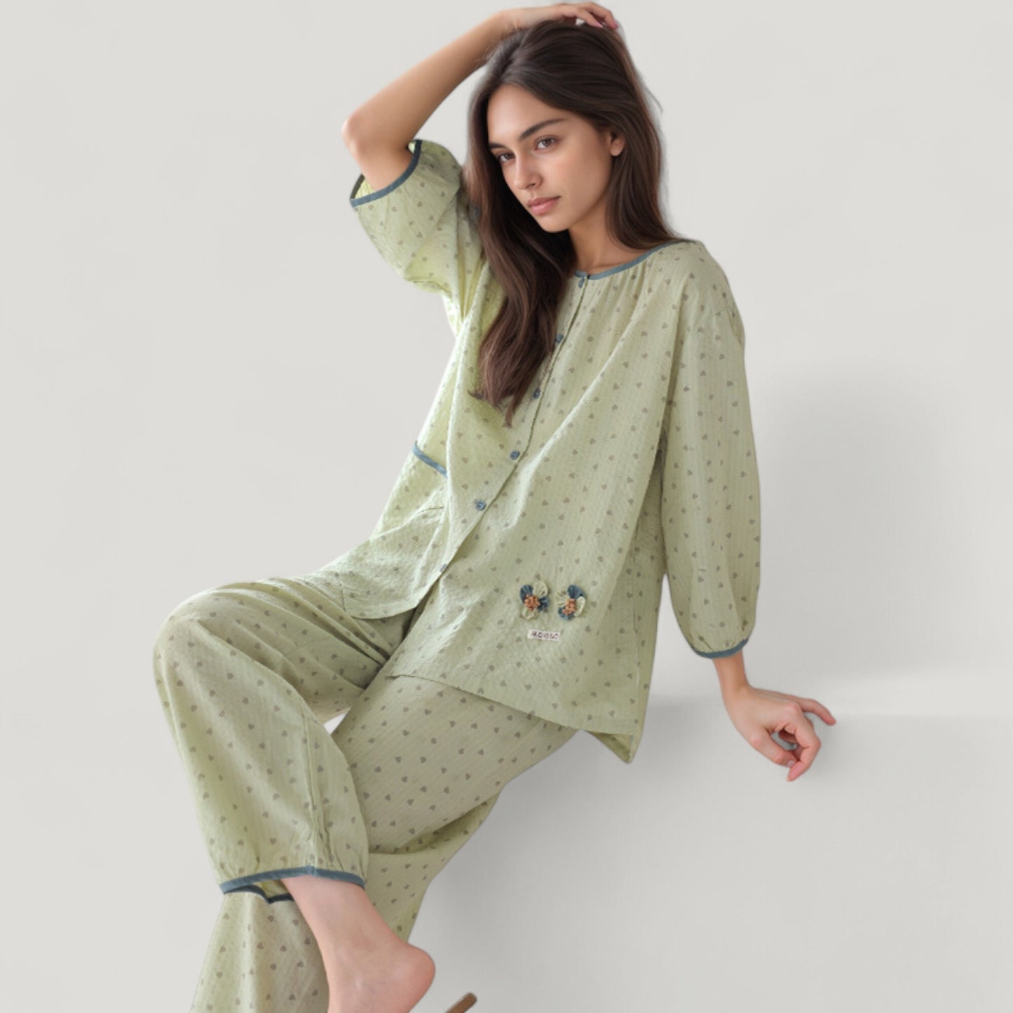 Anna-Kaci Lounge Women's Floral Print Pajama Set with Round Neck Button Front Top and Relaxed Fit Full-Length Lounge Pants