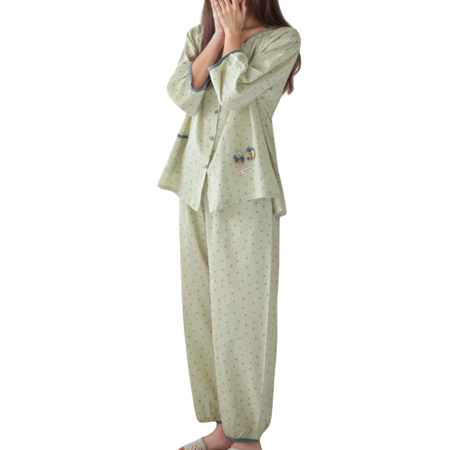 Anna-Kaci Lounge Women's Floral Print Pajama Set with Round Neck Button Front Top and Relaxed Fit Full-Length Lounge Pants