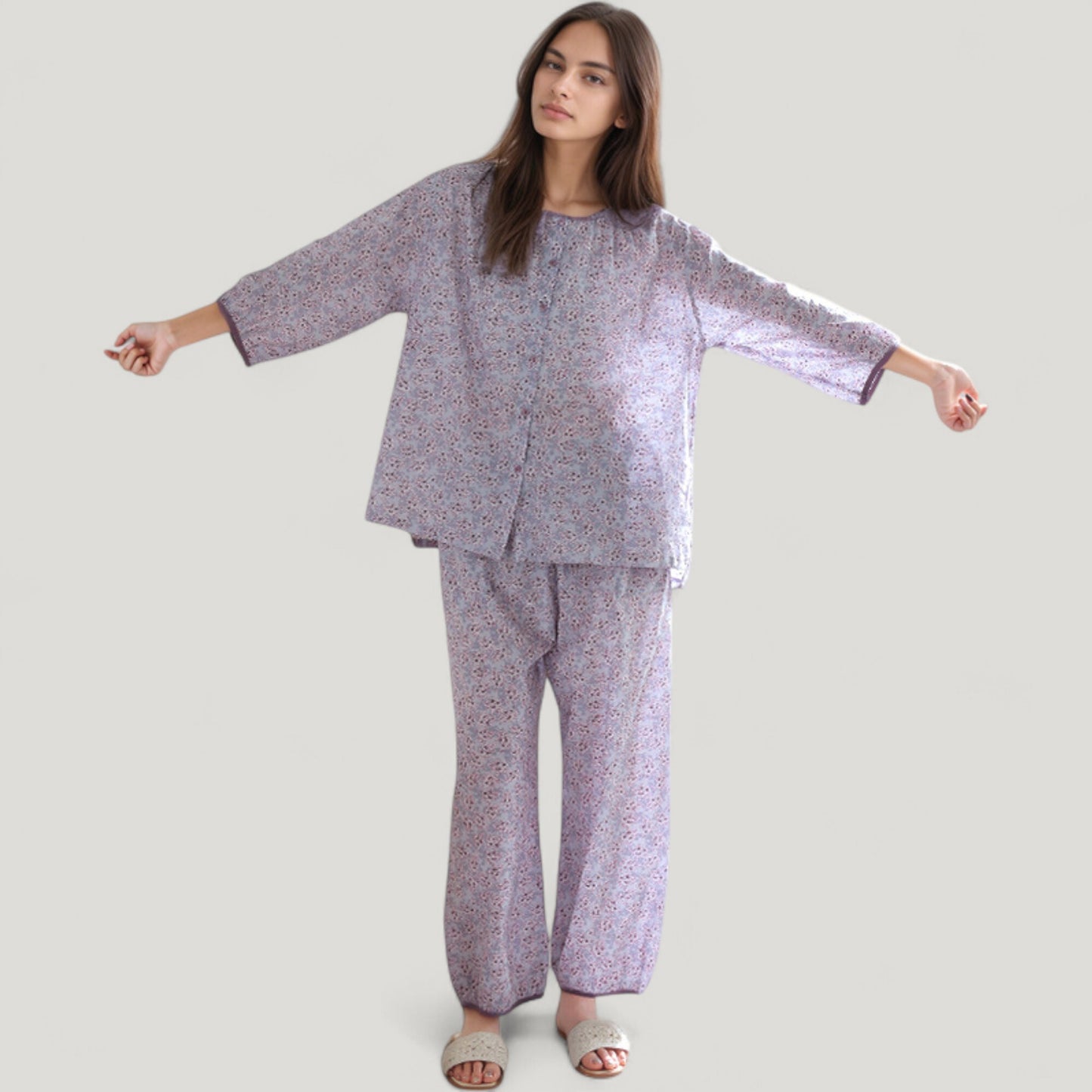 Anna-Kaci Lounge Women's Floral Print Pajama Set with Round Neck Button Front Top and Relaxed Fit Full-Length Lounge Pants