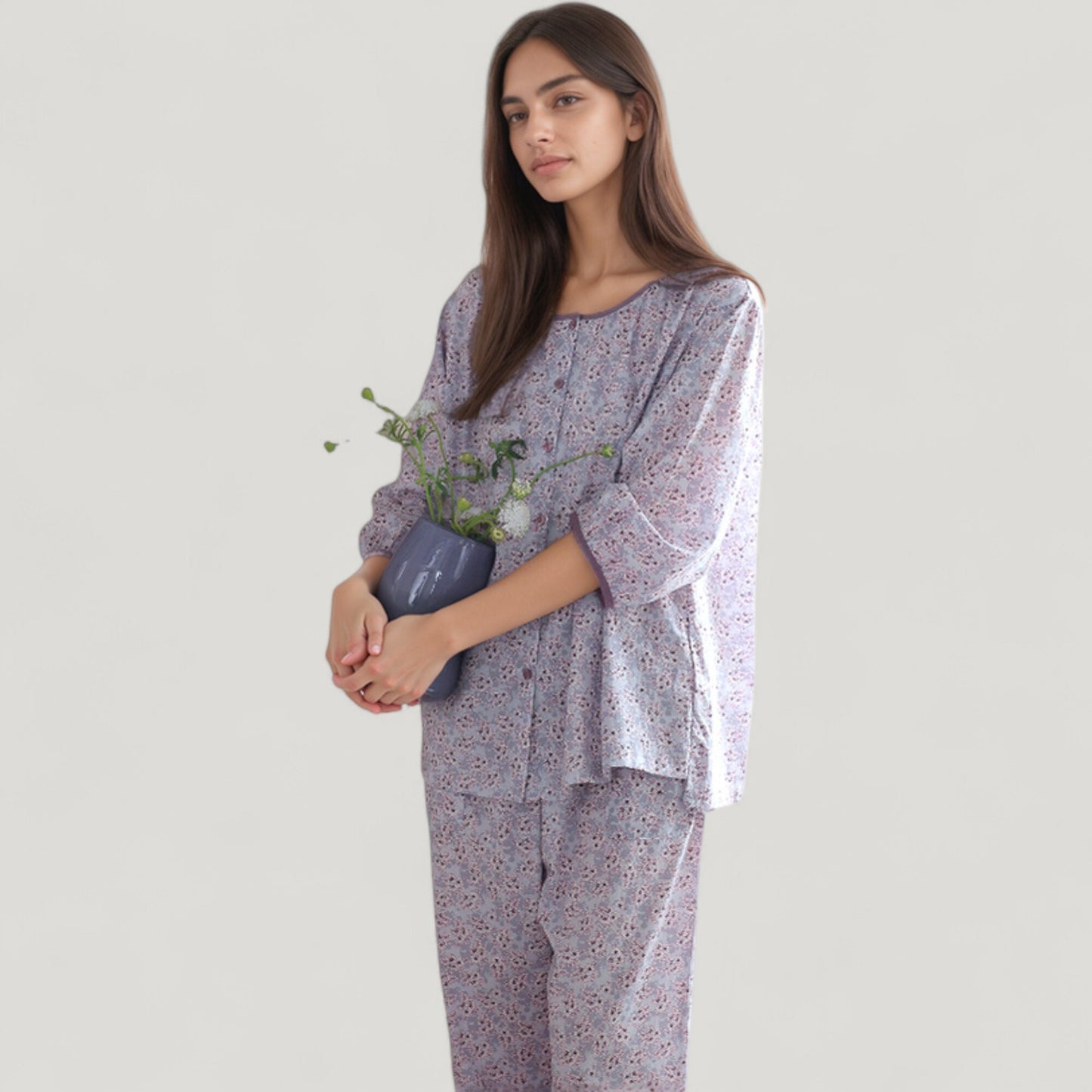 Anna-Kaci Lounge Women's Floral Print Pajama Set with Round Neck Button Front Top and Relaxed Fit Full-Length Lounge Pants