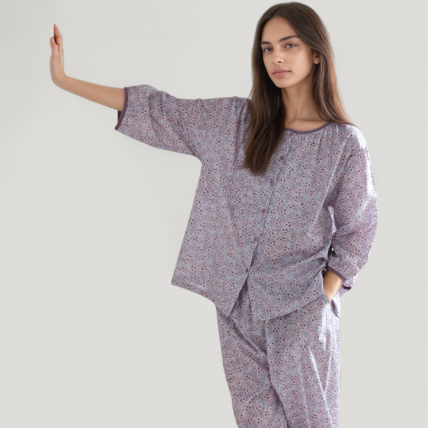 Anna-Kaci Lounge Women's Floral Print Pajama Set with Round Neck Button Front Top and Relaxed Fit Full-Length Lounge Pants