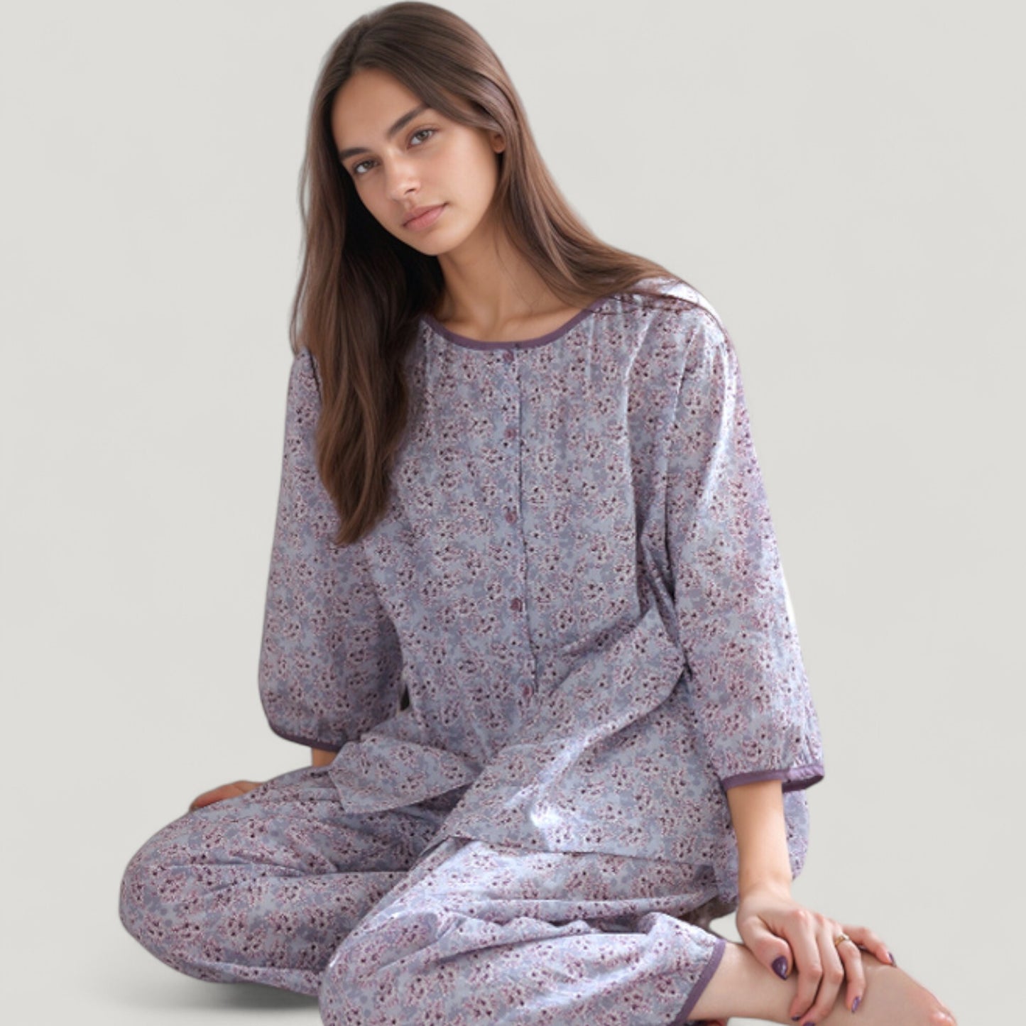 Anna-Kaci Lounge Women's Floral Print Pajama Set with Round Neck Button Front Top and Relaxed Fit Full-Length Lounge Pants
