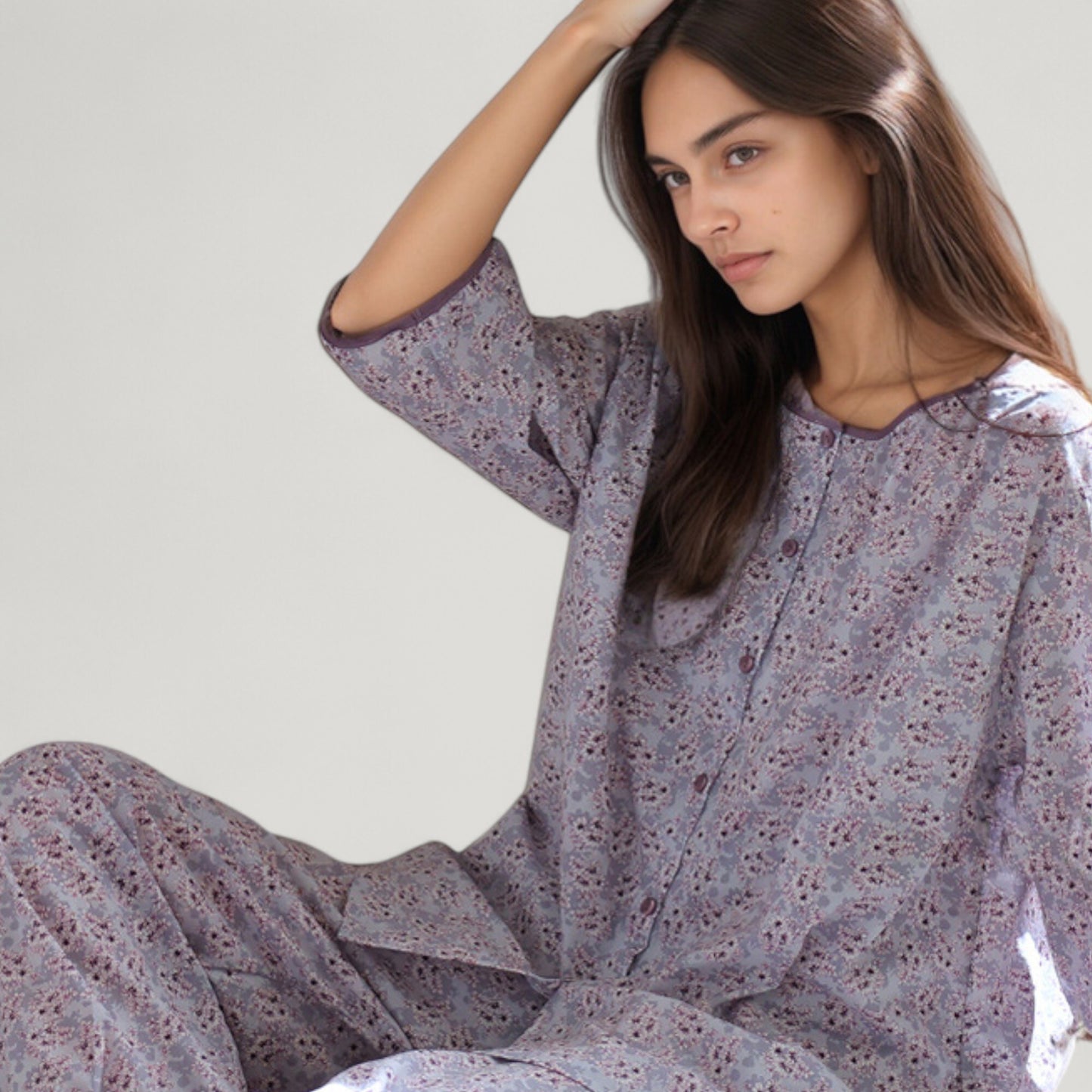 Anna-Kaci Lounge Women's Floral Print Pajama Set with Round Neck Button Front Top and Relaxed Fit Full-Length Lounge Pants