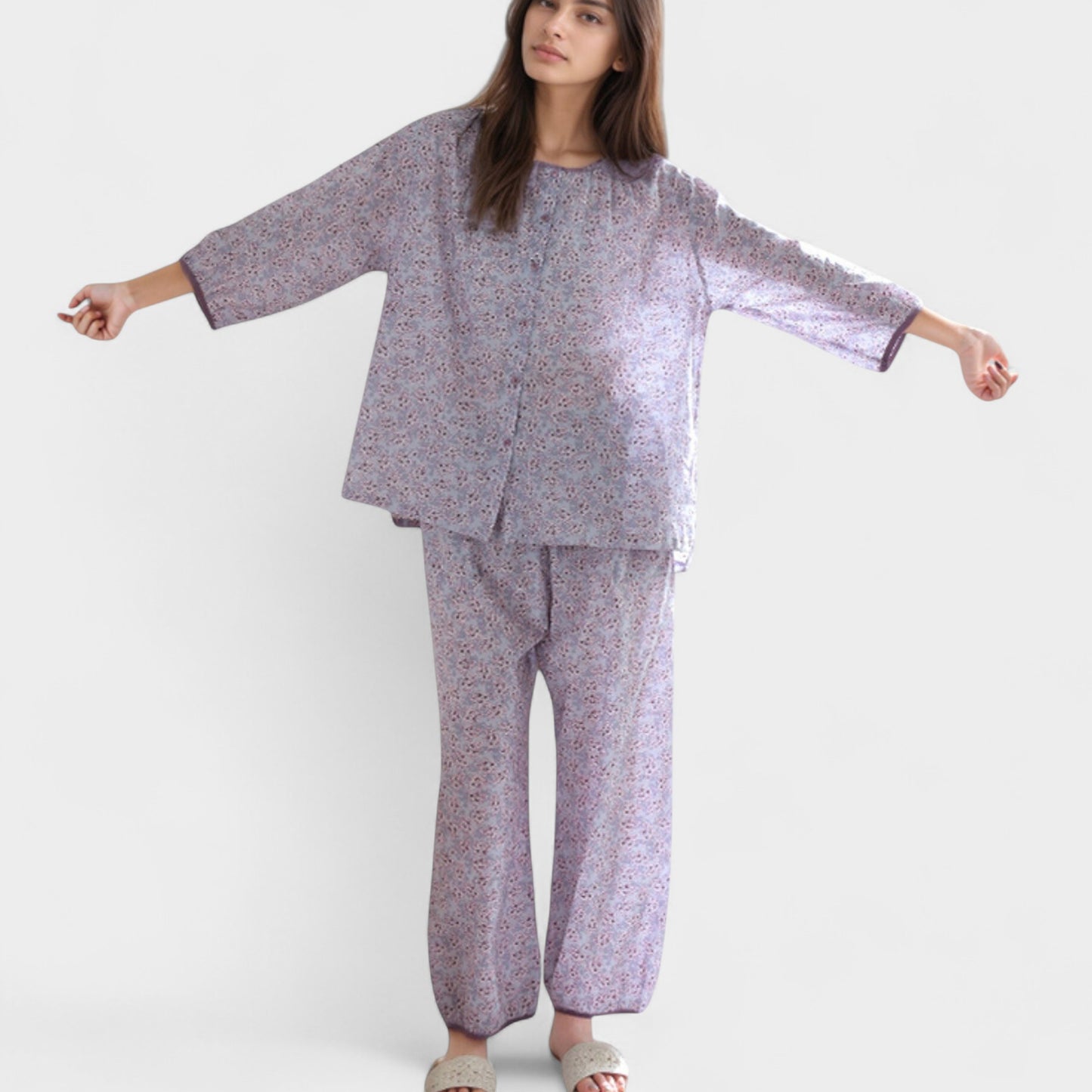 Anna-Kaci Lounge Women's Floral Print Pajama Set with Round Neck Button Front Top and Relaxed Fit Full-Length Lounge Pants