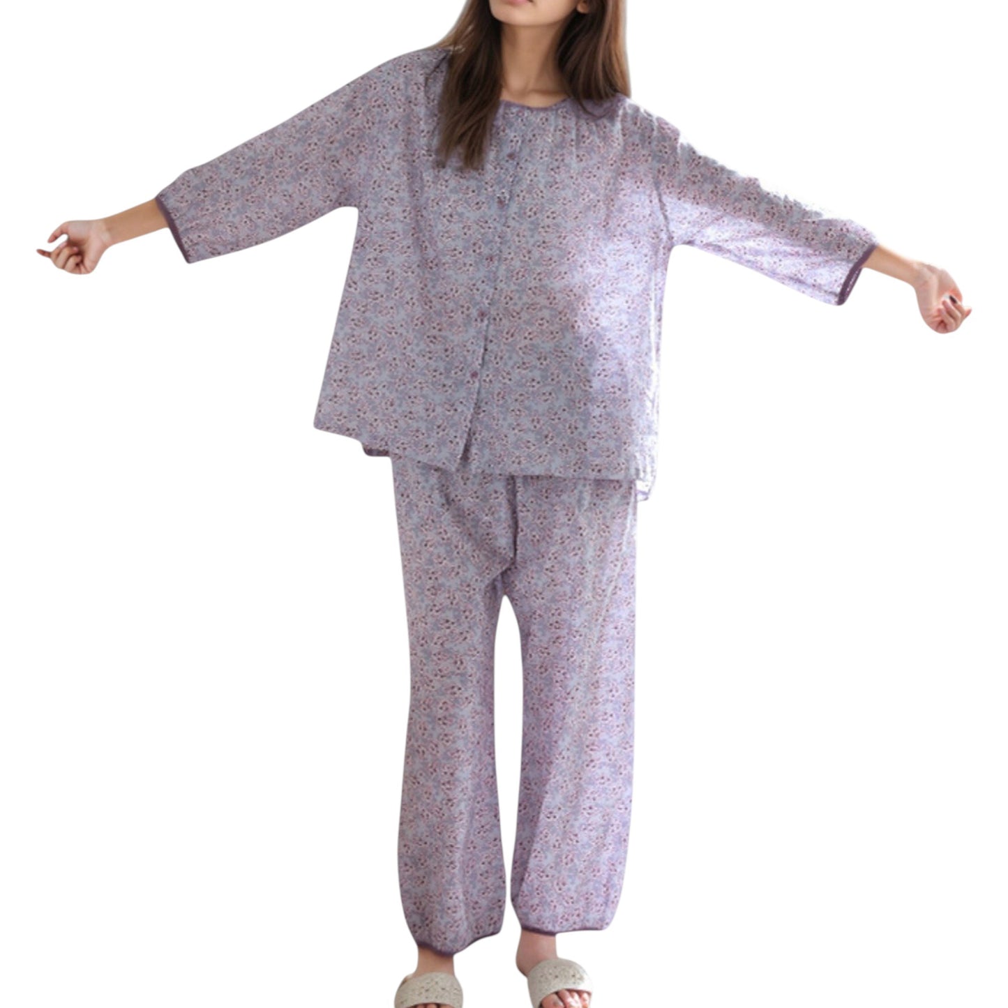 Anna-Kaci Lounge Women's Floral Print Pajama Set with Round Neck Button Front Top and Relaxed Fit Full-Length Lounge Pants