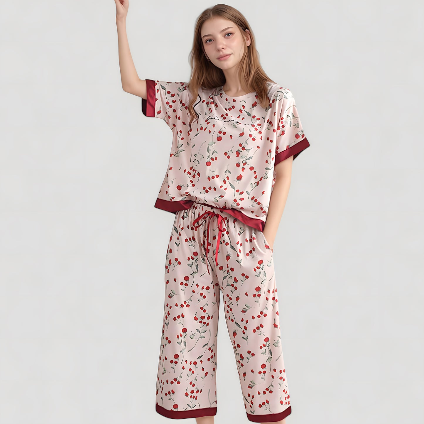 Anna-Kaci Lounge Women's Cherry Print Satin Pajama Set with Short Sleeve Top and Cropped Drawstring Pants