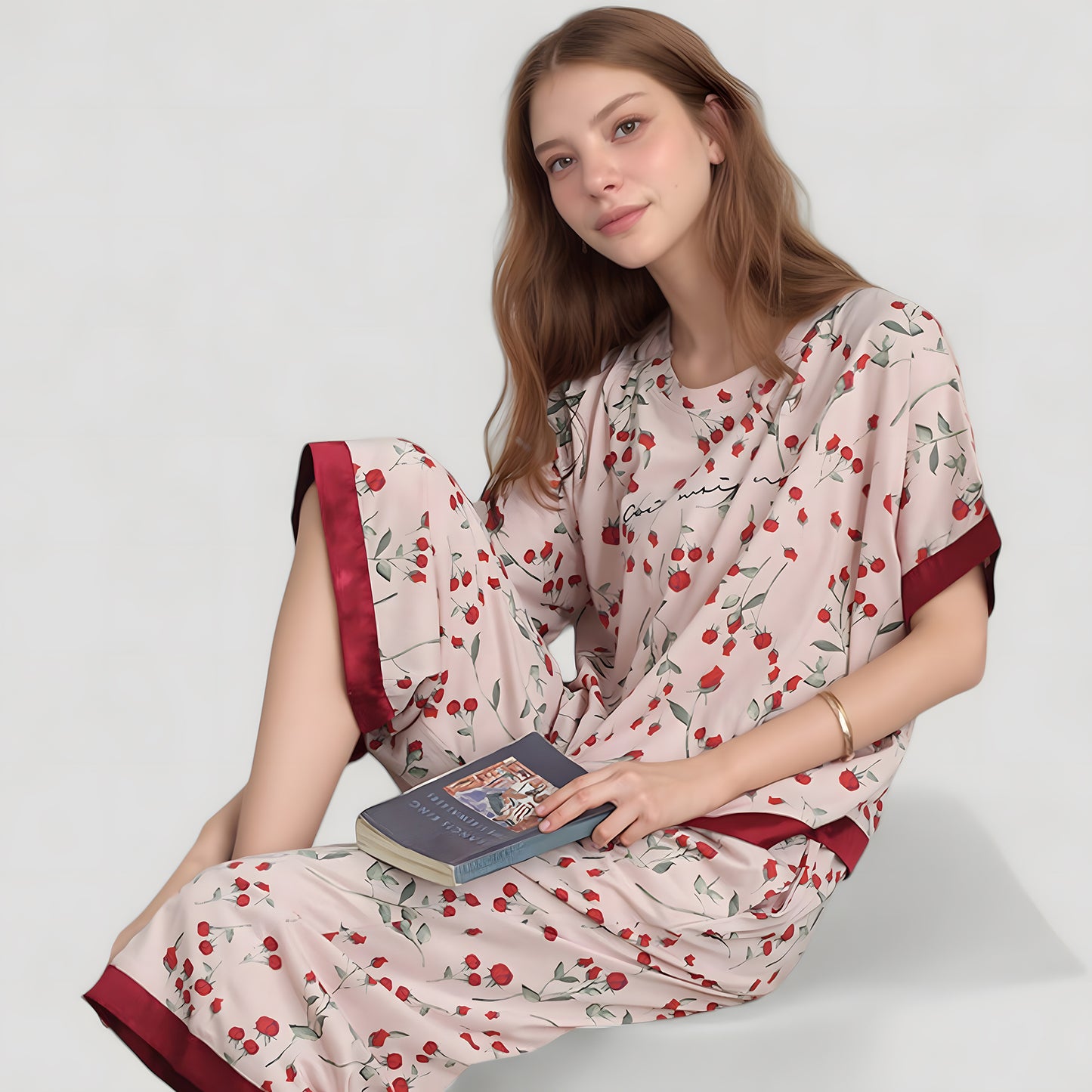 Anna-Kaci Lounge Women's Cherry Print Satin Pajama Set with Short Sleeve Top and Cropped Drawstring Pants